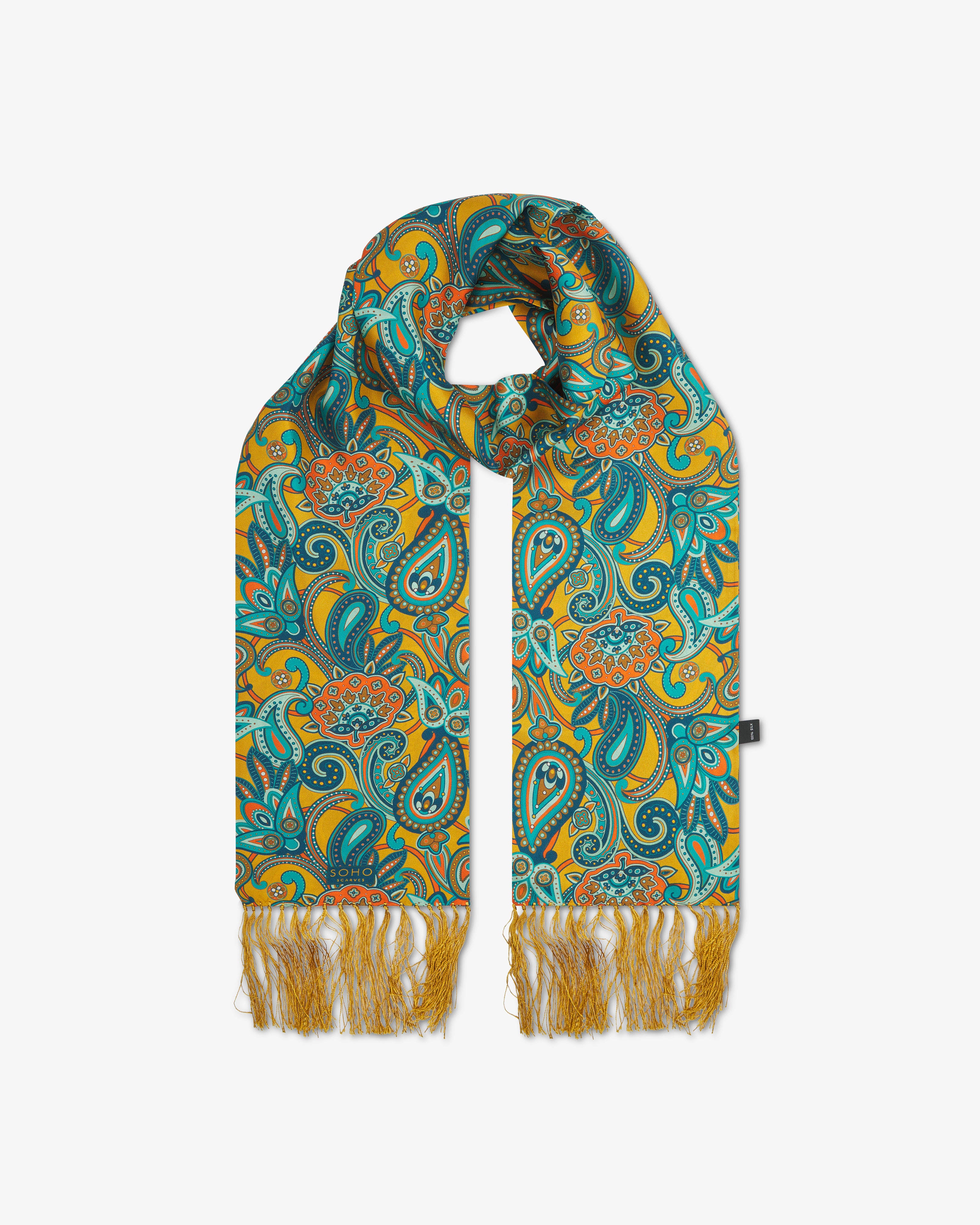 Men's Silk Aviator Scarf in Gold Paisley - The Windermere