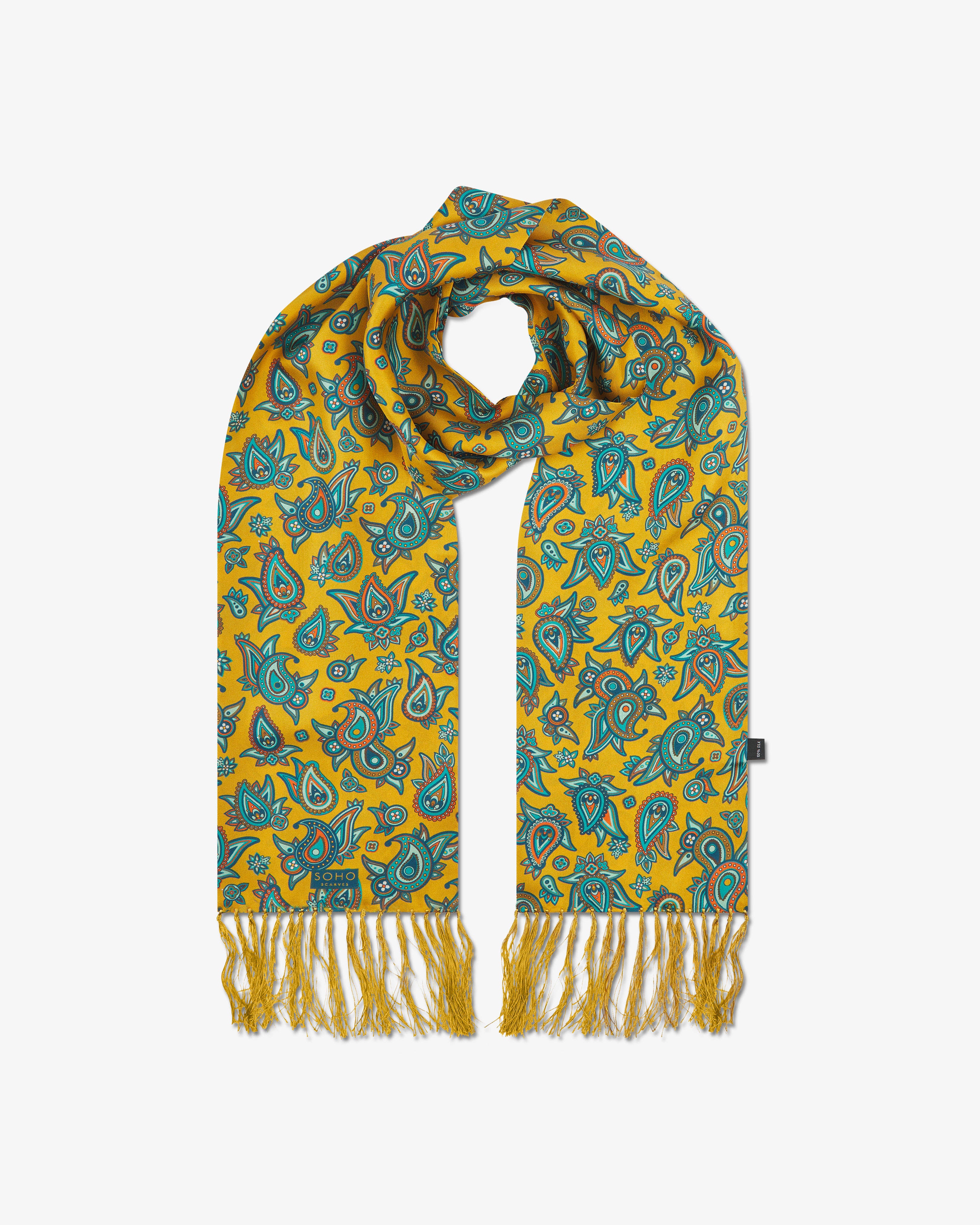 Men's Silk Aviator Scarf in Gold Paisley - The Grassmere