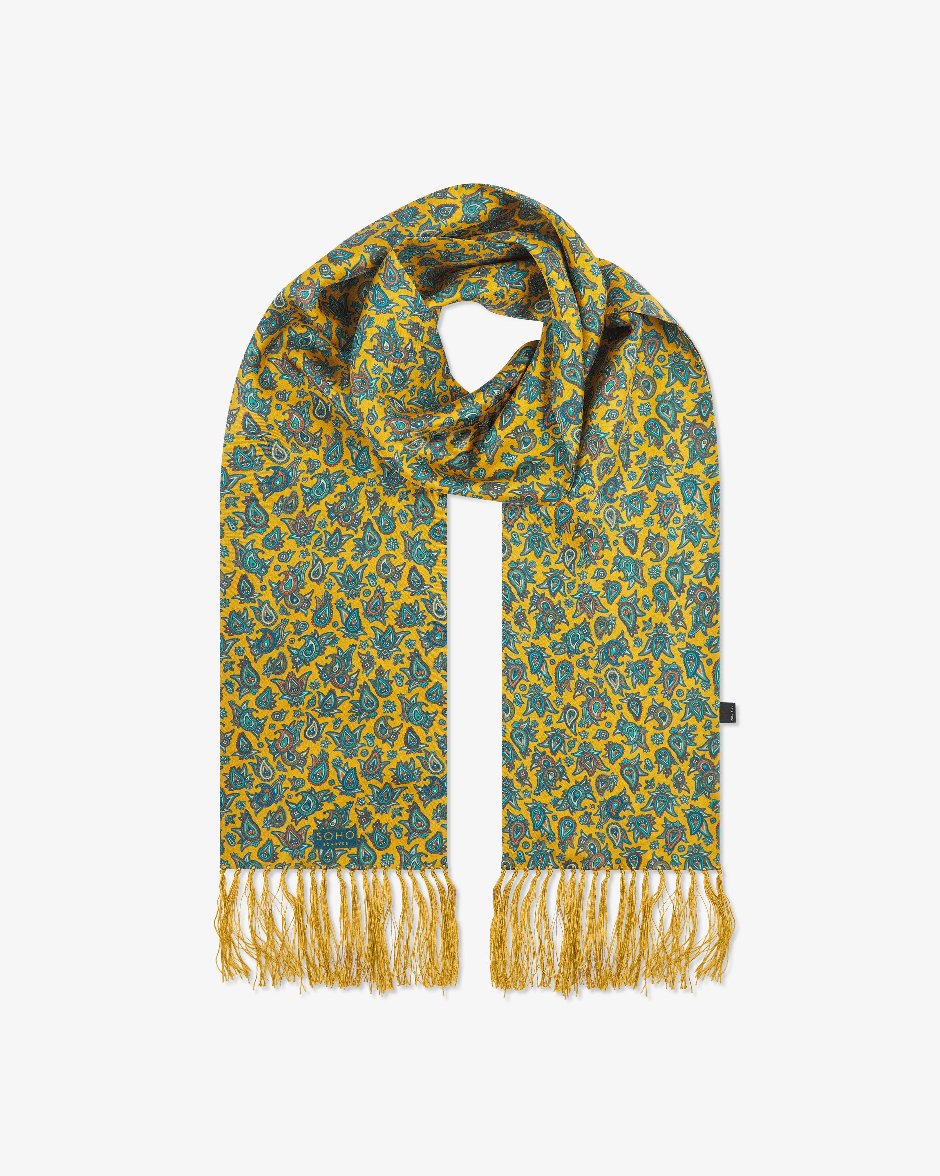 Men's Silk Aviator Scarf in Gold Paisley - The Buttermere