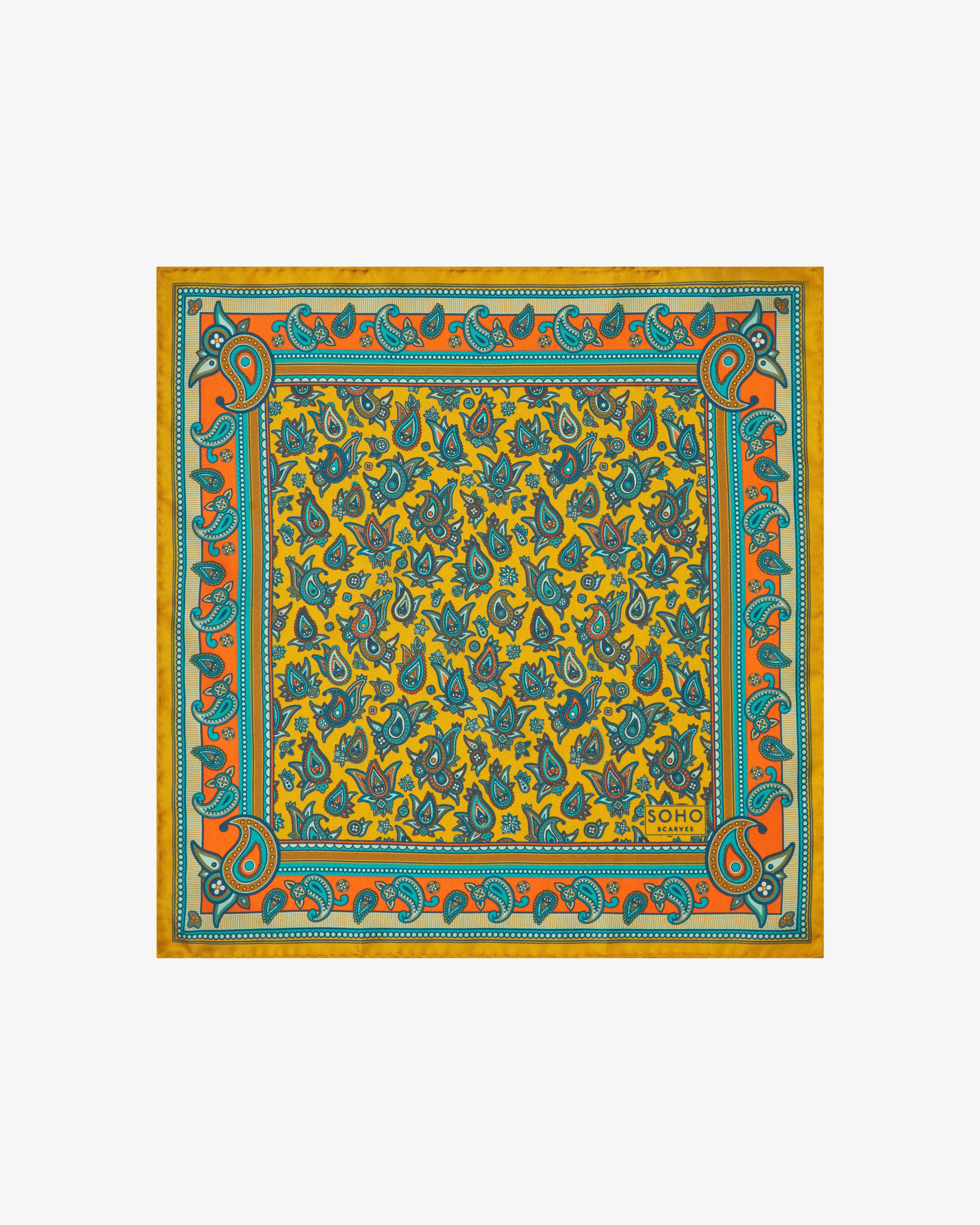 Men's Silk Pocket Square in Gold Paisley - The Buttermere