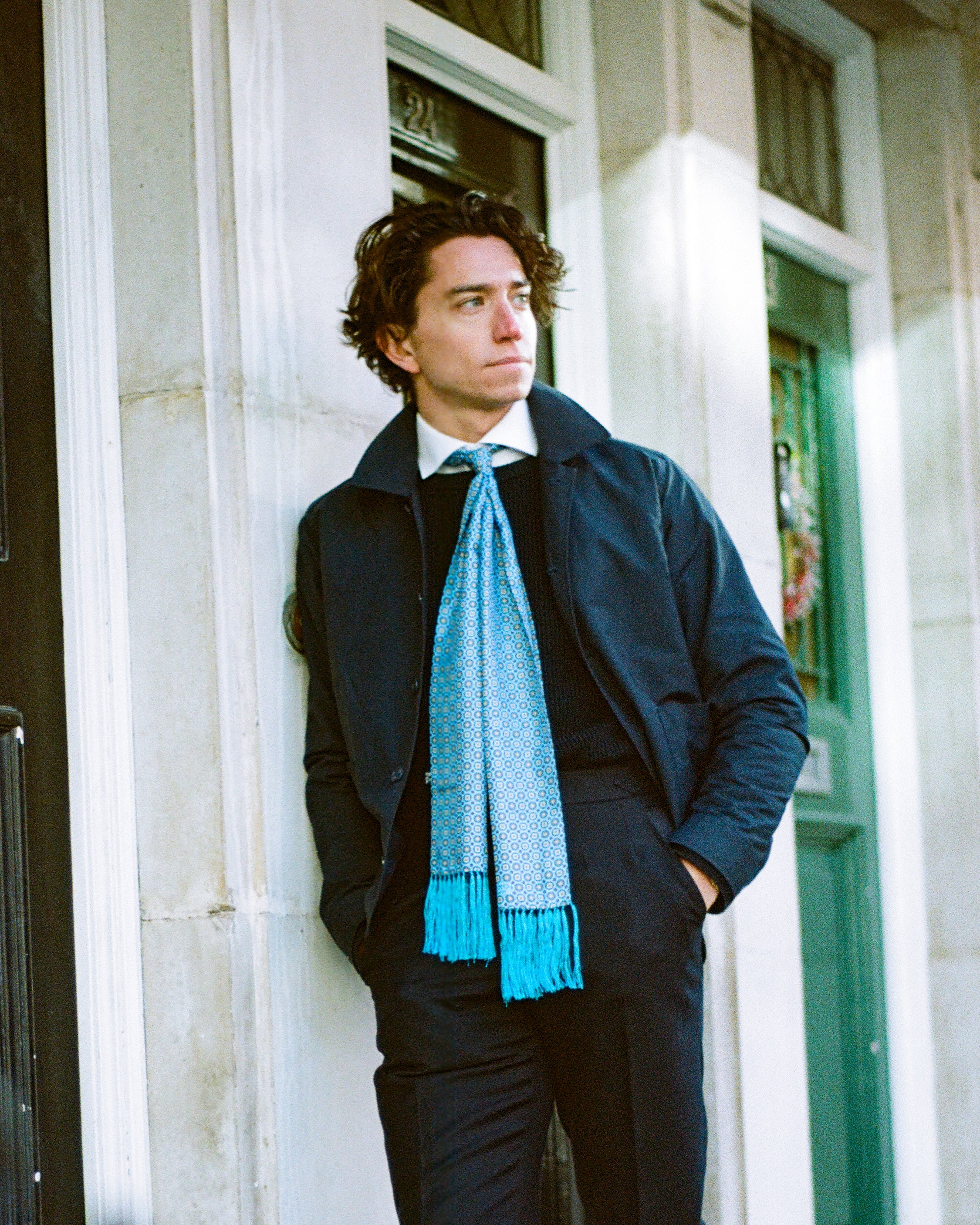 Silk Aviator Scarf in Blue & Purple Floral | Soho Scarves