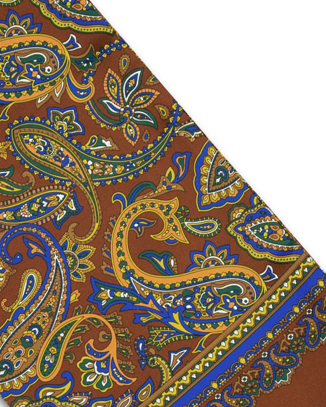Angled view of the patterned polyester scarf, presenting a closer view of the decorative and floral-inspired patterns on a rich brown background.