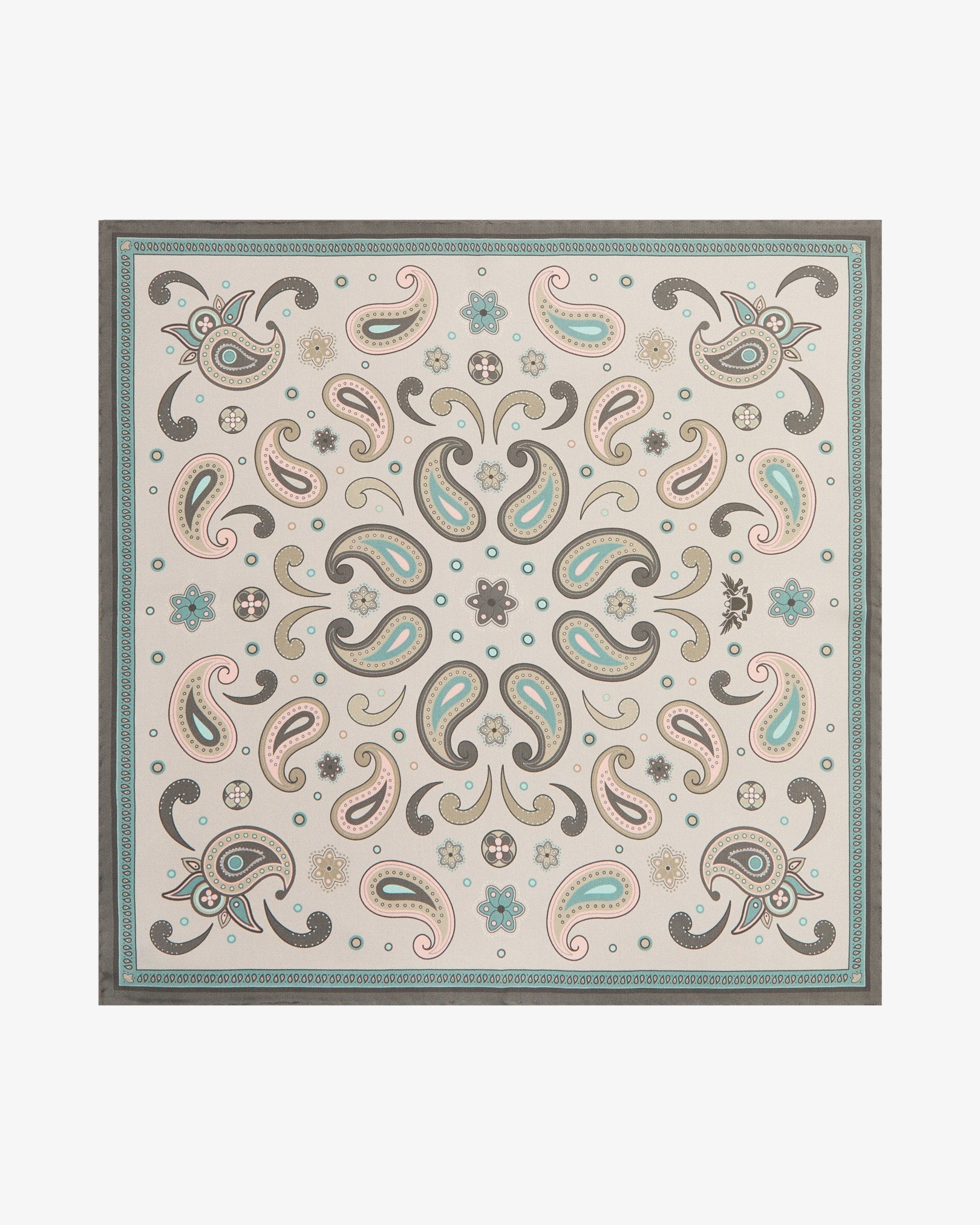 Fully unfolded 'Belgravia' silk pocket square, clearly displaying a large mirrored paisley composition in taupe, brown and teal on a warm stone-cream ground, framed by a fine repeating dark brown border.