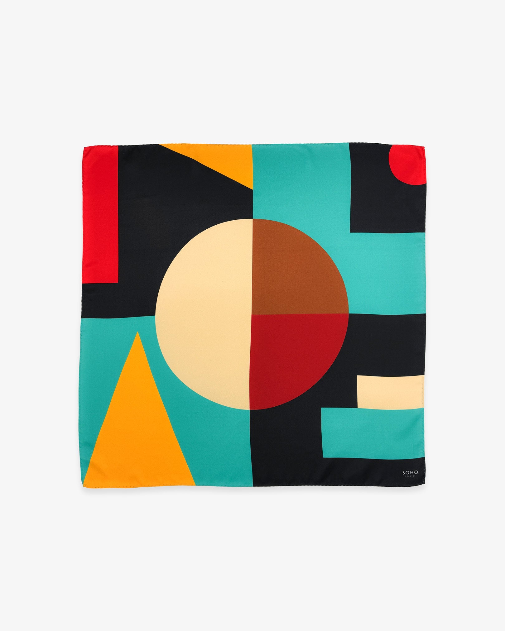 Unfolded 'Berlin' silk neckerchief, showing the full pattern of geometric blocks in a Bauhaus inspired, multicoloured palette.