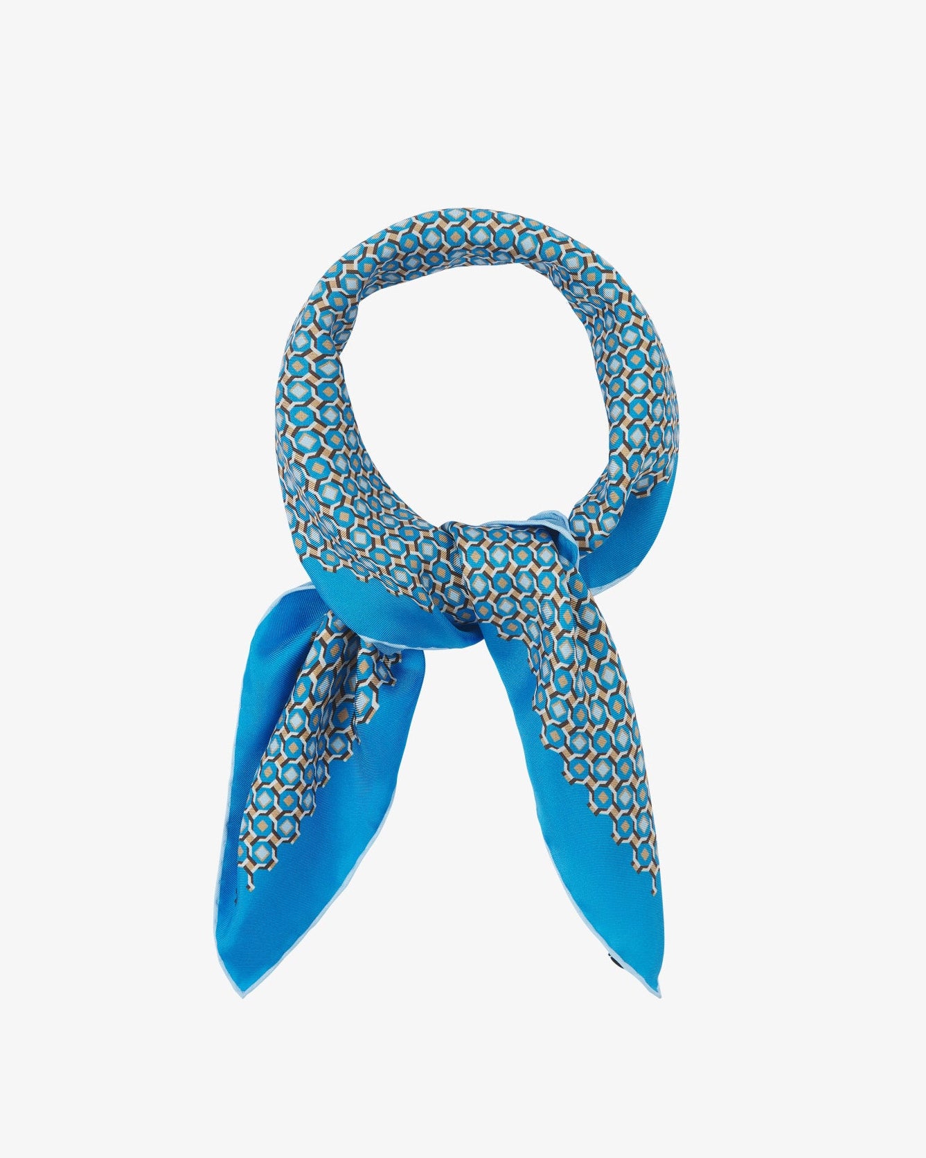 The 'Berwick' neckerchief looped and knotted, revealing the turquoise, stone-grey, and gold geometric pattern shimmering on the smooth silk surface.