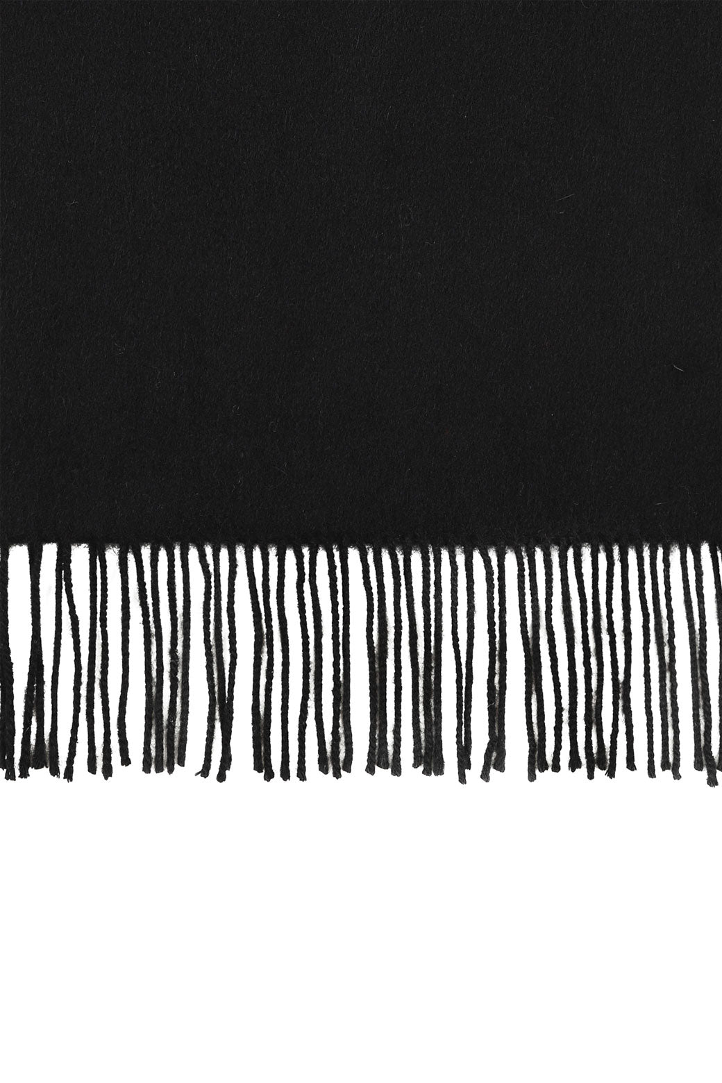 Perfectly horizontal view of the fringe of a black pure cashmere scarf from Soho Scarves against a white background.