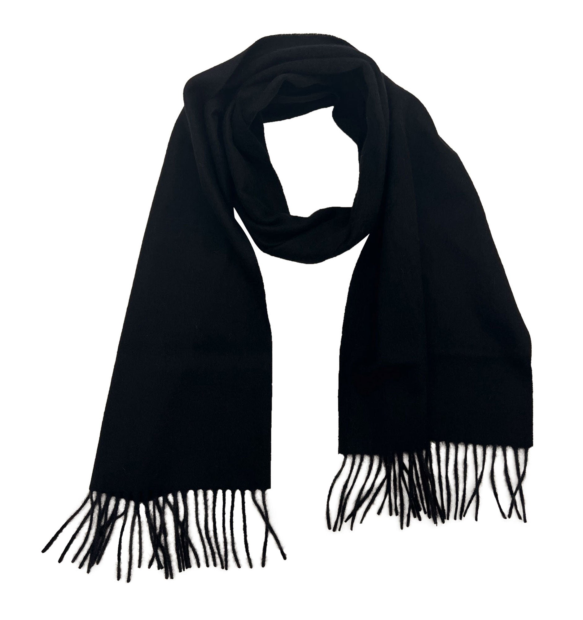 Looped black cashmere scarf with both ends parallel and tassles extended.
