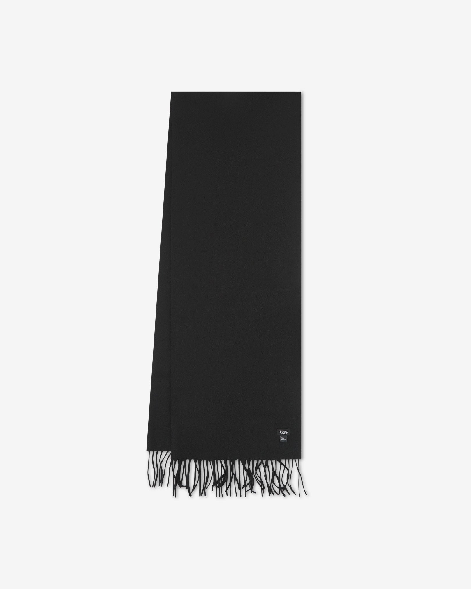 Vertical view of black cashmere scarf and fringe with single fold.
