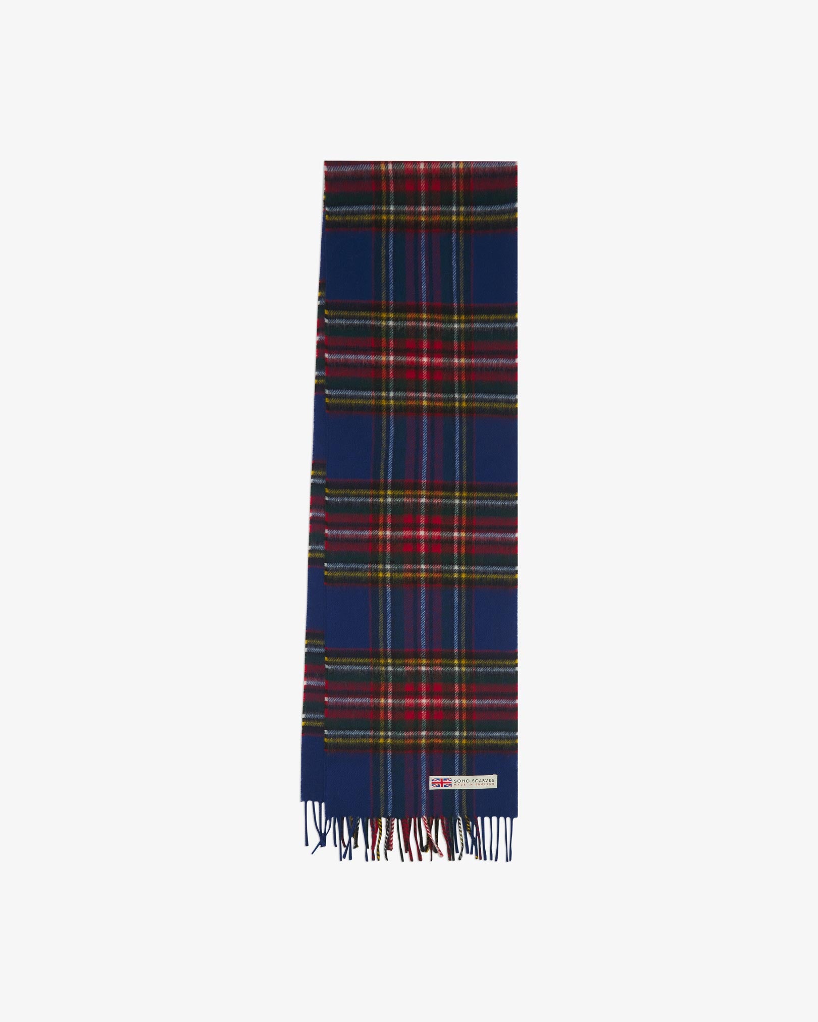 The 'Highlands' tartan in blue scarf arranged in a rectangle shape, clearly showing the scarf dimensions, tartan proportions, fringing and SOHO Scarves branding logo.