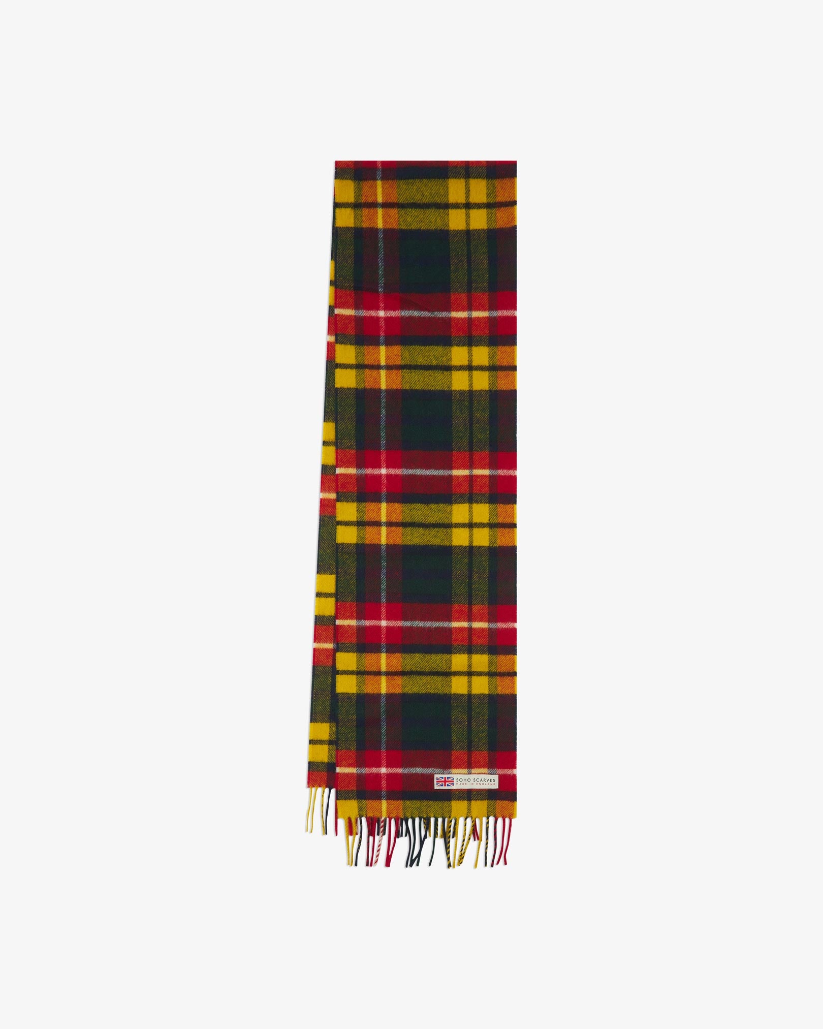 The 'Highlands tartan Buchanan' scarf arranged in a rectangle shape, clearly showing the scarf dimensions, tartan proportions, fringing and SOHO Scarves branding logo.