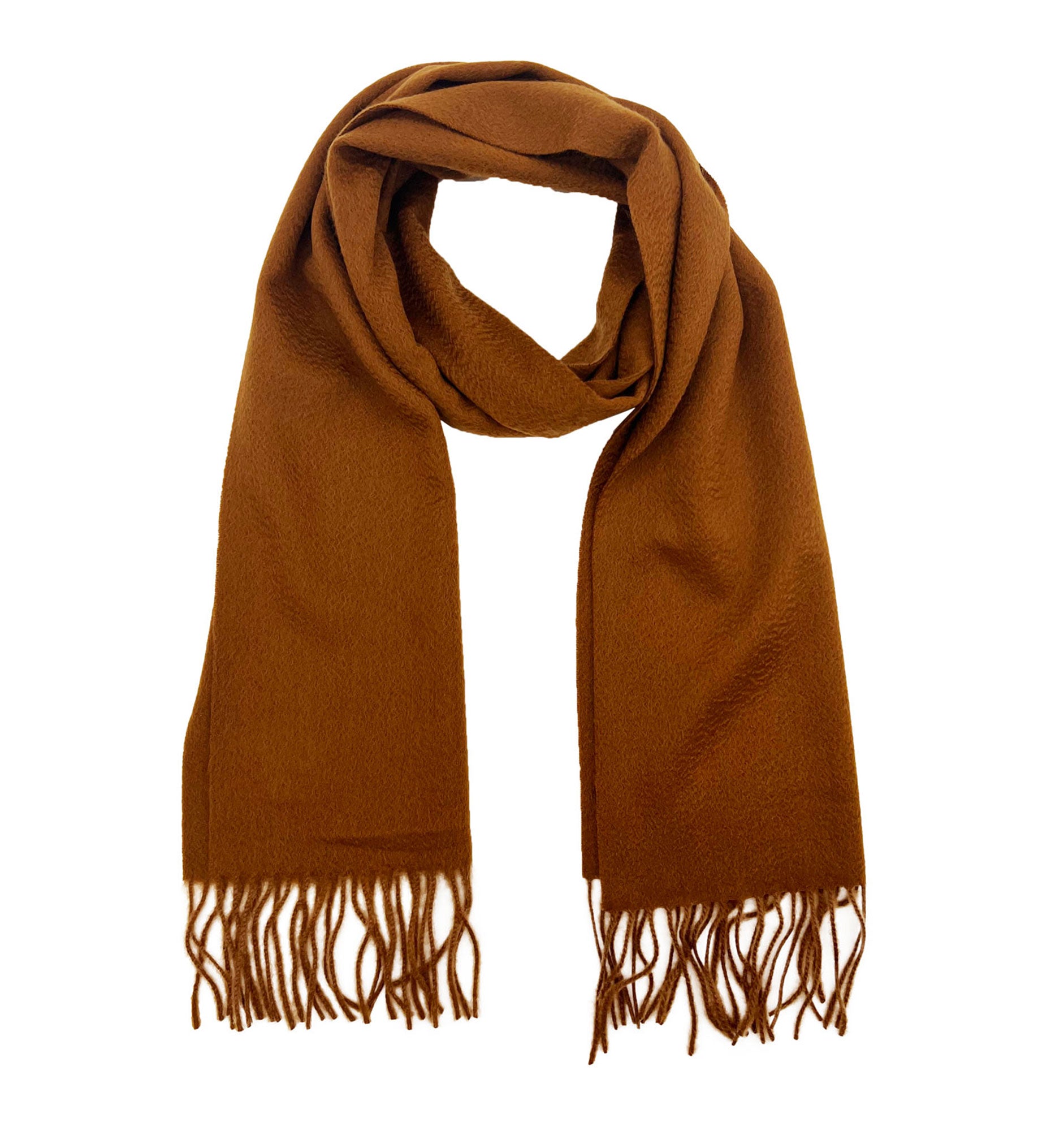 Looped camel-brown cashmere scarf with both ends parallel and tassles extended.