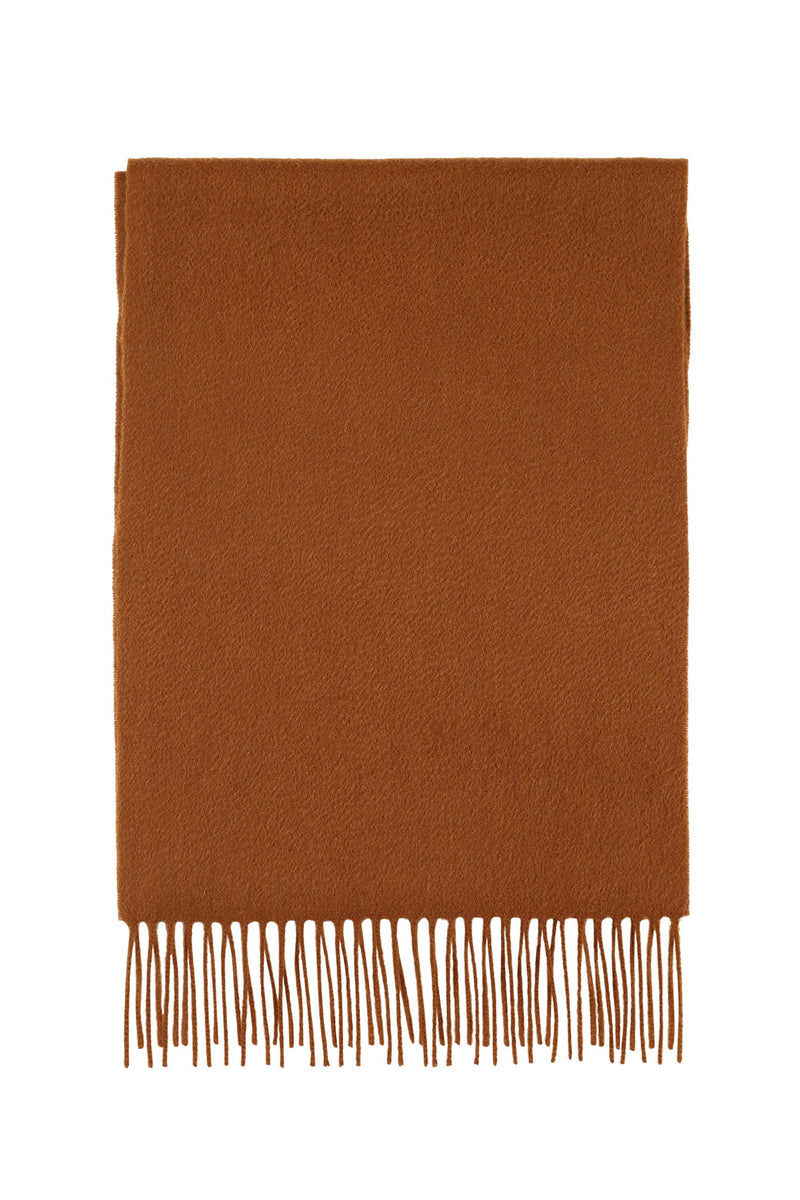 Full view of both scarf and fringe in camel cashmere.