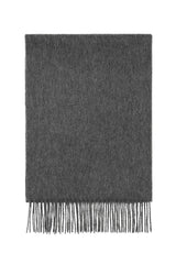Full view of both scarf and fringe in charcoal cashmere.
