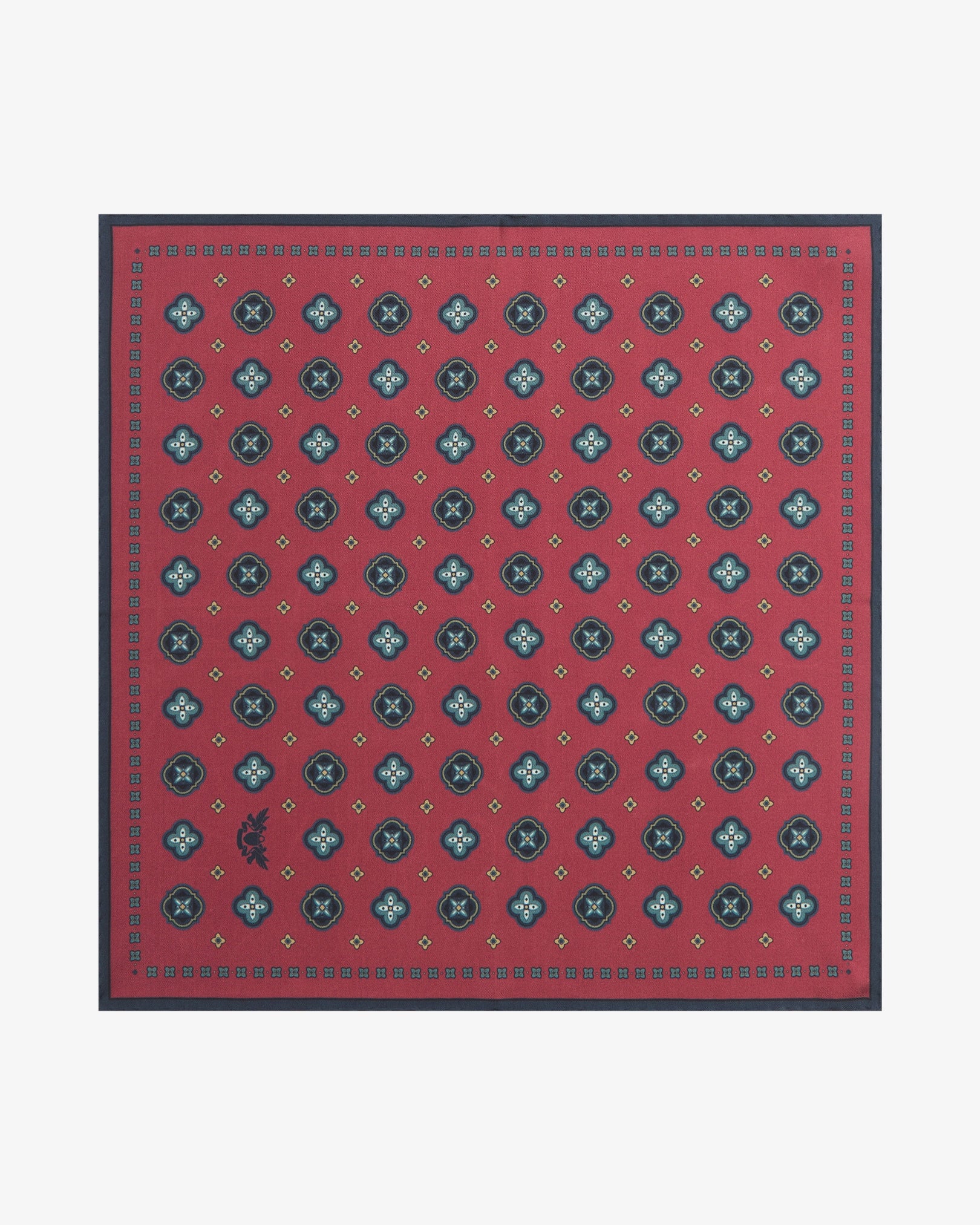 Fully unfolded 'Chelsea' silk pocket square, clearly displaying bold teal quatrefoil medallions with white star motifs and fine gold diamond accents on a deep crimson-berry ground, framed by a slim navy border with fine dot detail.