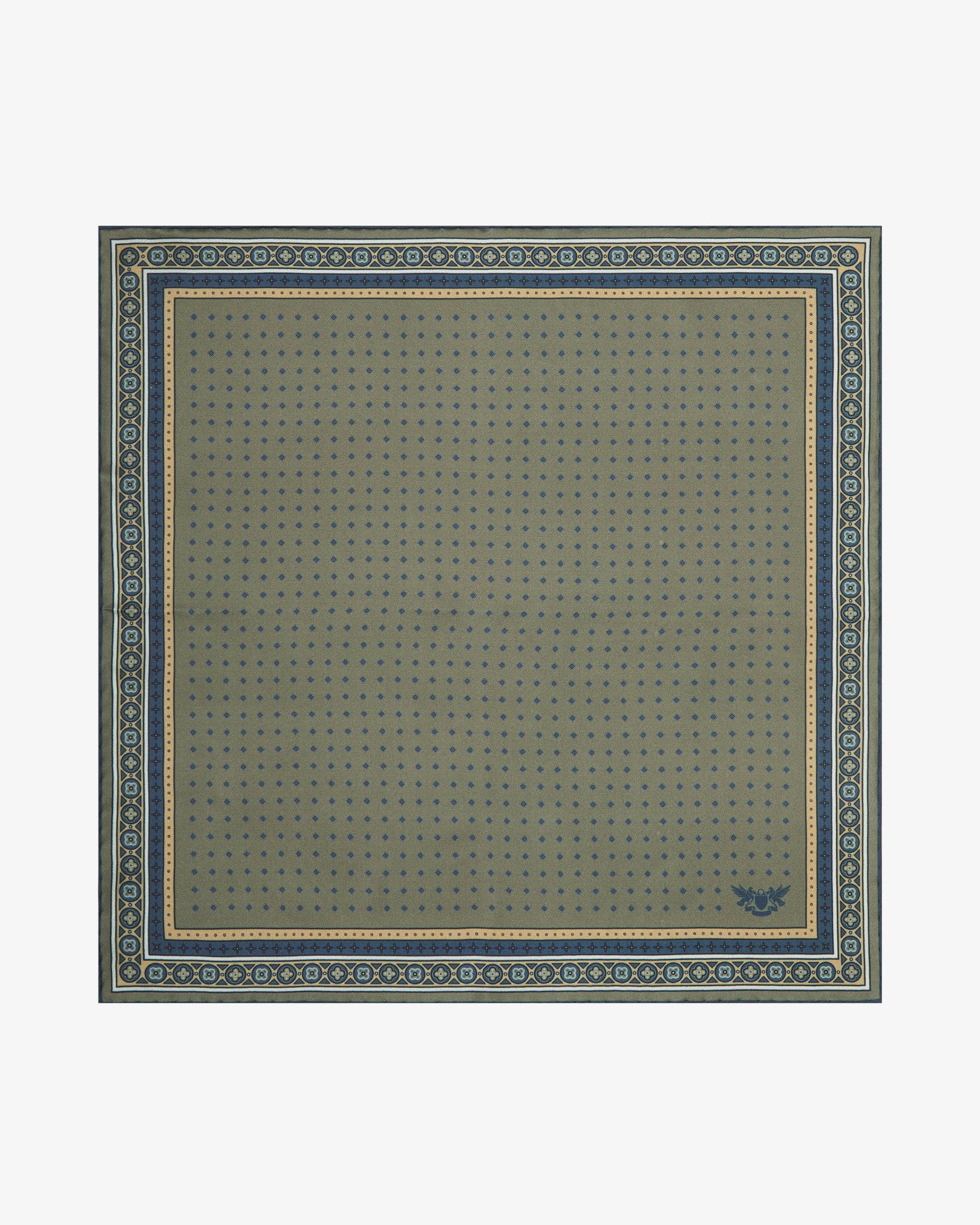 Fully unfolded 'Chiswick' silk pocket square, clearly displaying a fine navy micro-diamond lattice on a warm olive-khaki ground, framed by an ornate border with gold, navy and teal quatrefoil detailing.
