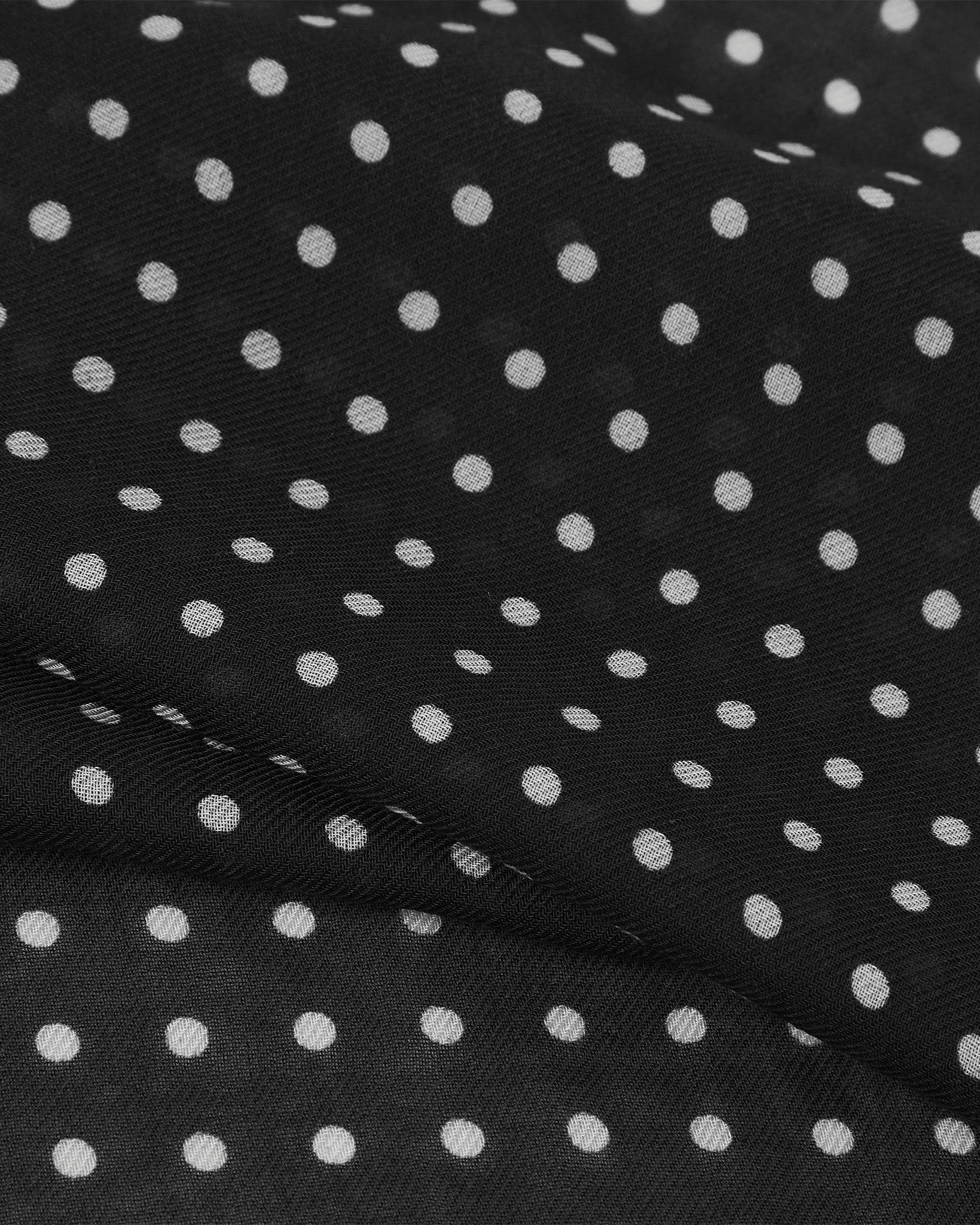 Close-up view of 'Shinagwa' bandana. Ruffled and clearly showing the texture of the modal-wool blend and the polka dot pattern.