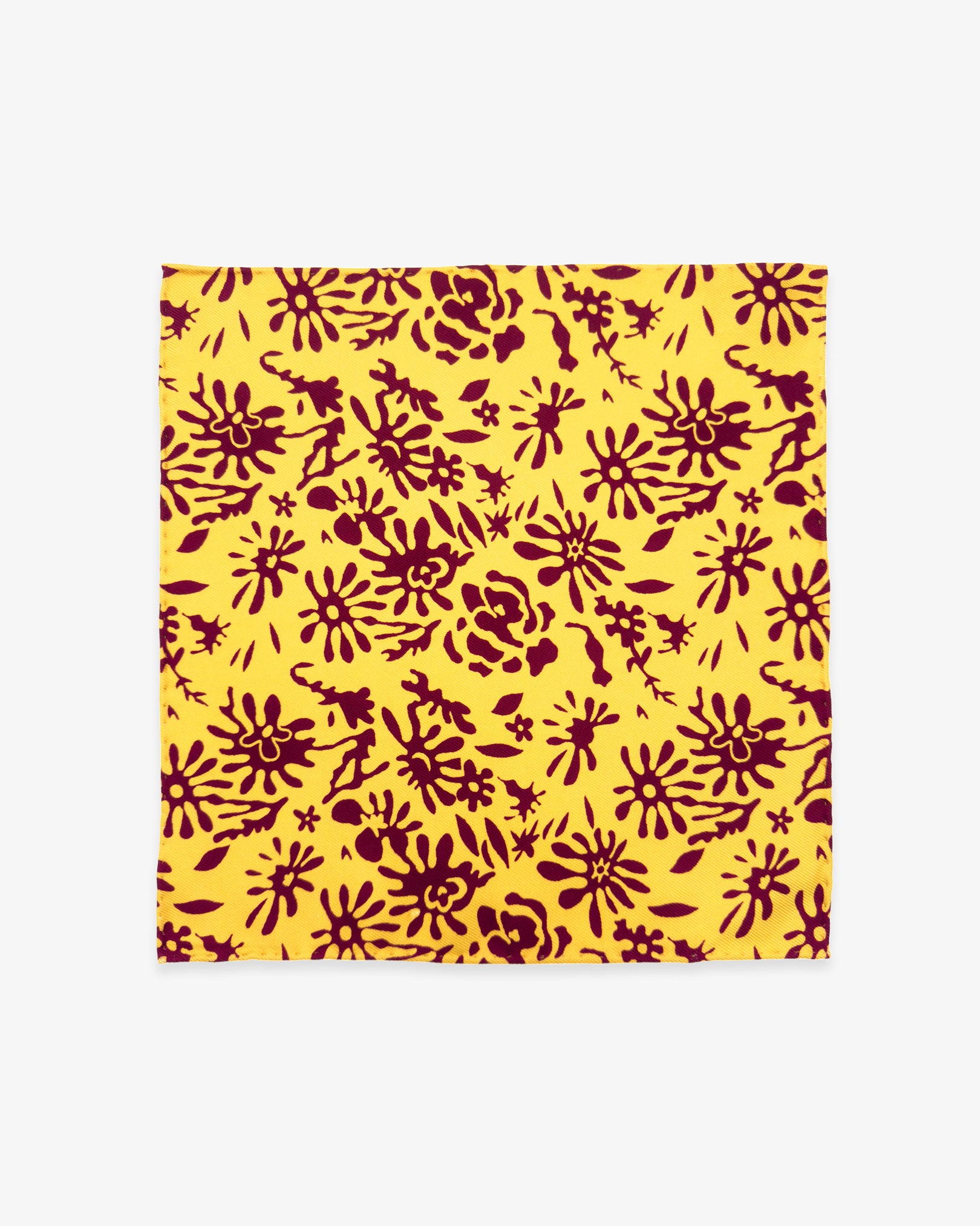 Fully unfolded 'Blenheim' English silk pocket square, showing the attractive organic decorative forms in maroon against a vibrant yellow background.