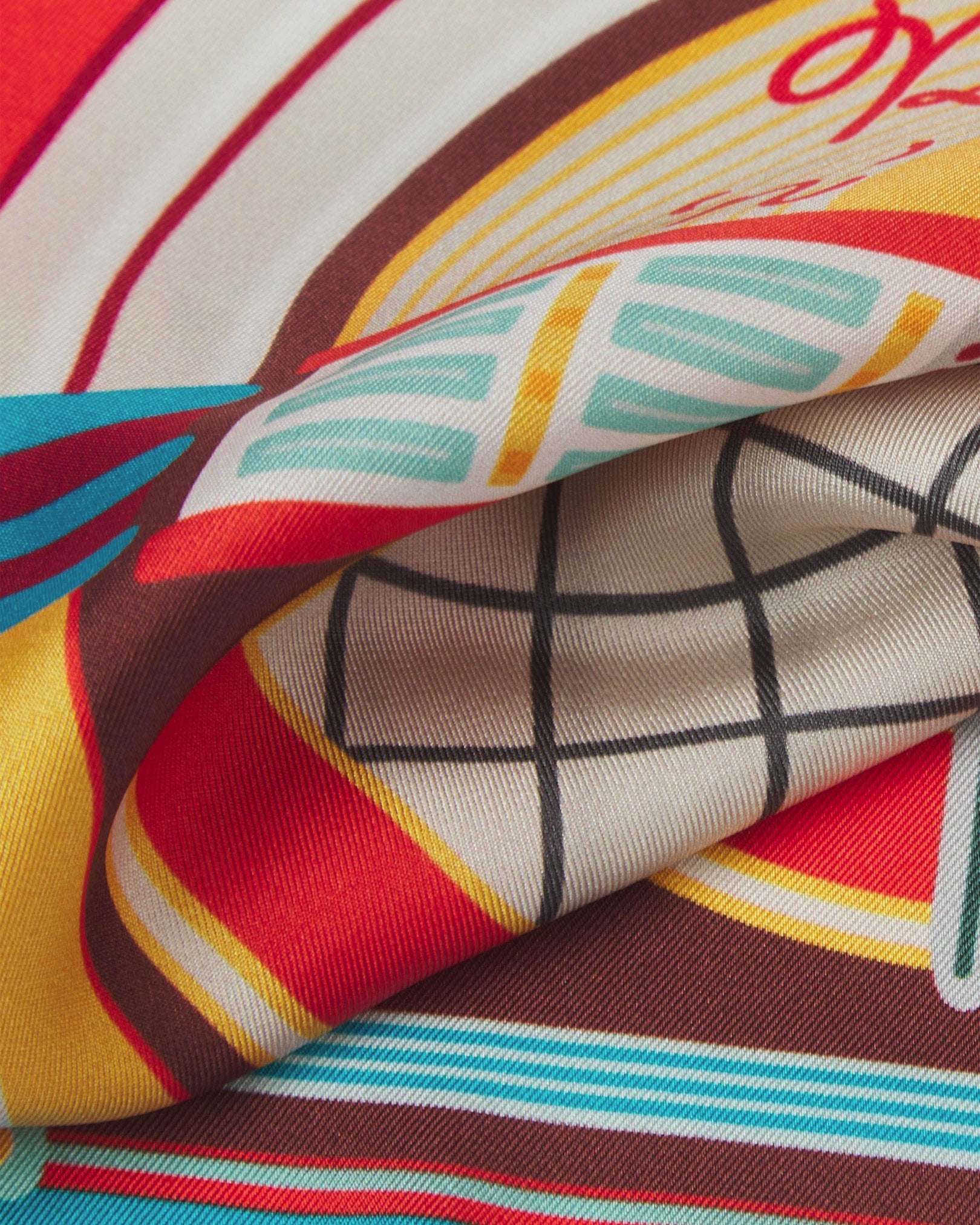 A close-up of the 'Jukebox' silk pocket square, presenting a closer look at a the bold colours of the 1950's jukebox.