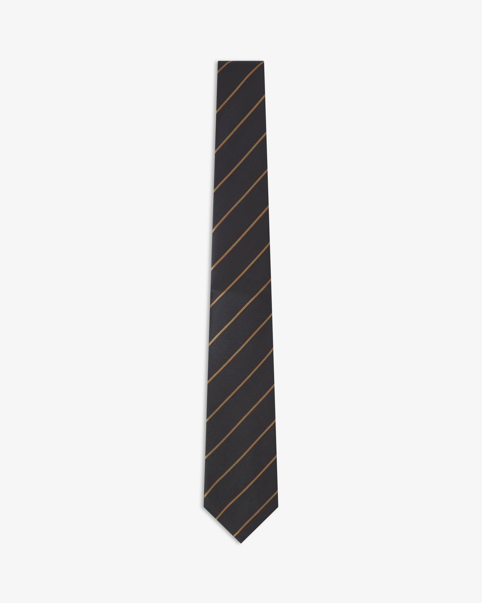 Full-length view of 'Coltrane Gardenia' silk neck tie with narrow diagonal orange and teal stripes on a black ground.
