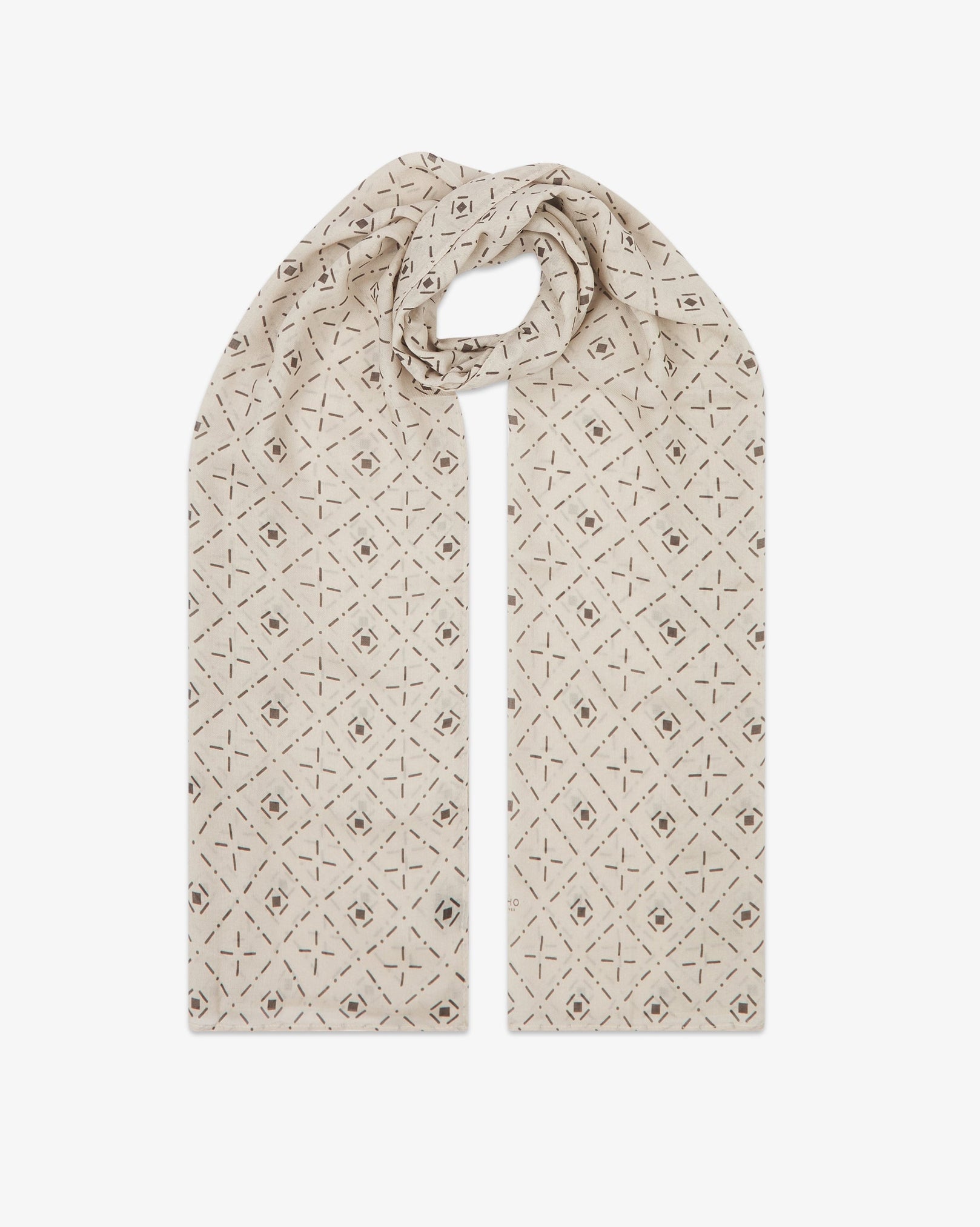The 'Diamonds' cream bohemian wide scarf looped with both ends parallel, showcasing an ordered diamond mosaic of dark grey lozenges and crosshair motifs on a pale cream background across the soft modal and wool blend fabric.