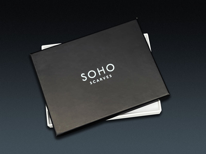 Small deluxe SOHO Scarves gift box for 'The Samurai' pocket square.