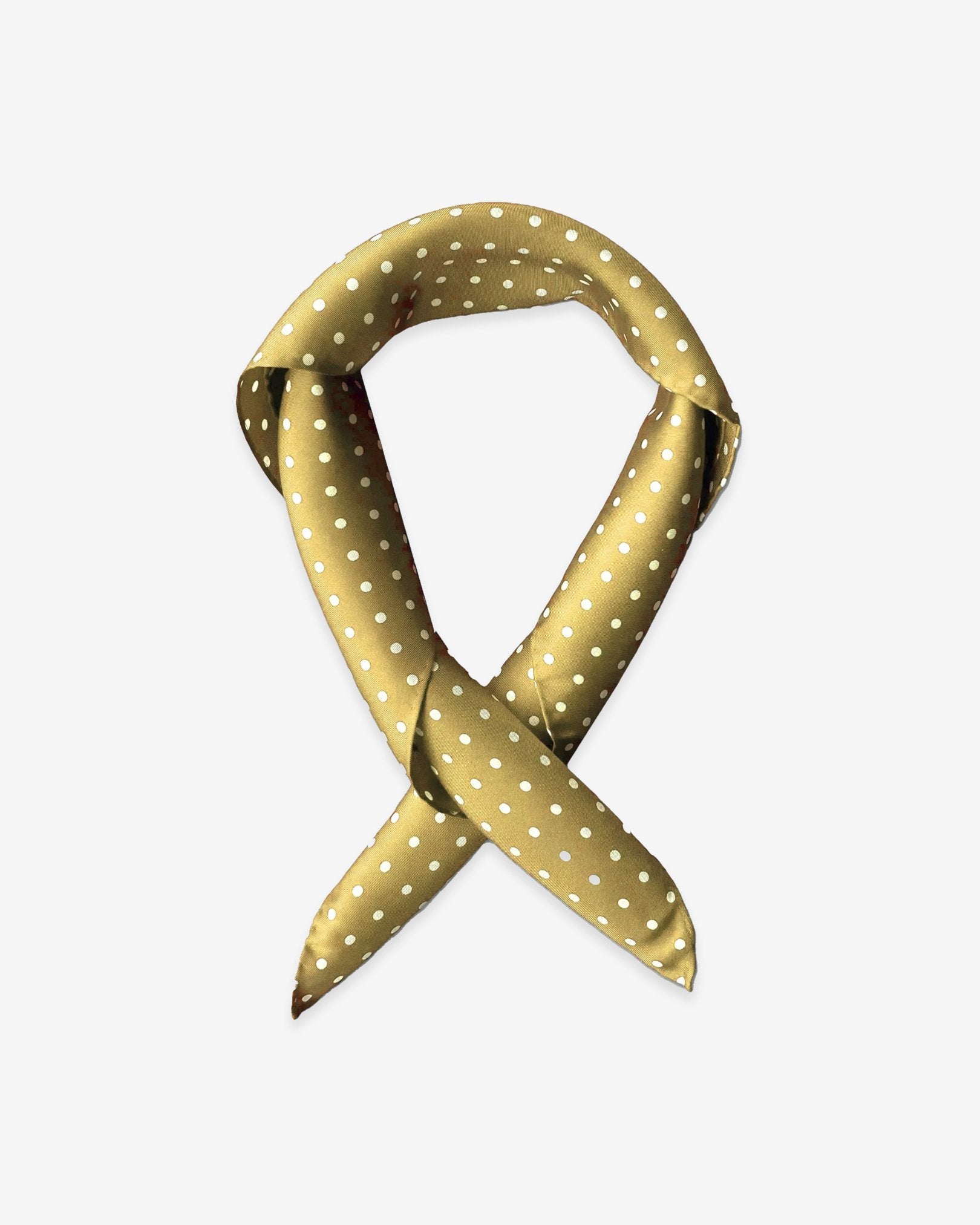 The 'Westminster Rg' gold silk scarf with white polka-dot patterns.  Presented in a rolled loop against a white background.