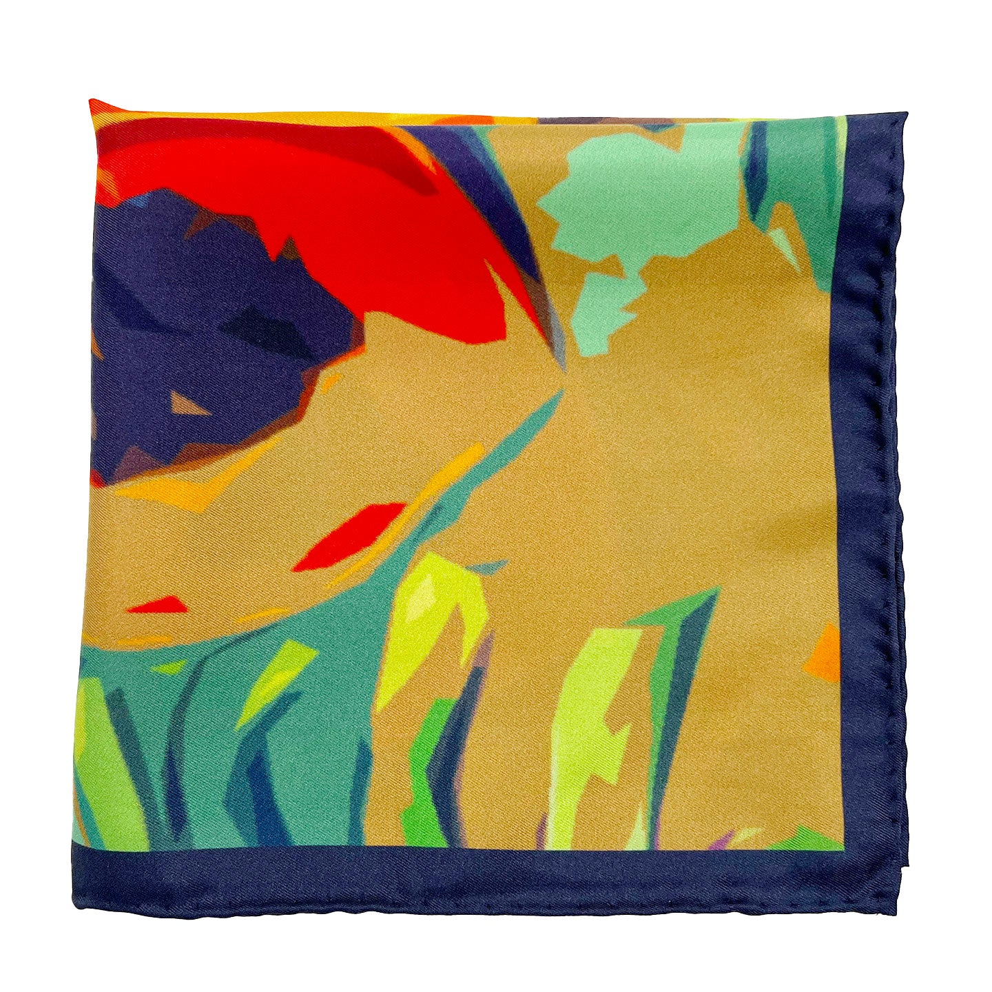 The 'Derwent' silk pocket square from SOHO Scarves folded into a quarter, showing the colourful tropical pattern, framed with a blue border.