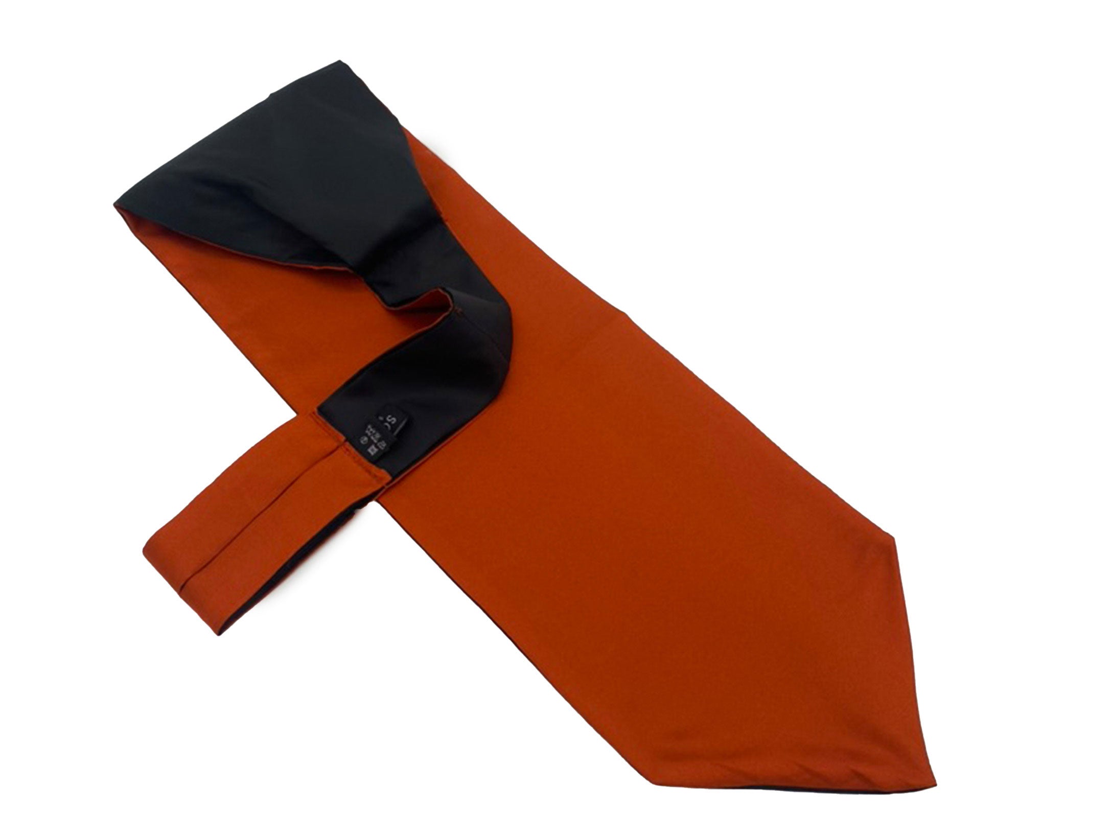Red 'Barcelona' single pointed Ascot tie arranged diagonally with wide point in foreground. Narrow end of tie folded back and over to reveal dark lining and 'SOHO Scarves' branding label.