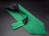 Green 'Ibiza' single pointed Ascot tie arranged diagonally with wide point in foreground. Narrow end of tie folded back and over to reveal dark lining and 'SOHO Scarves' branding label.