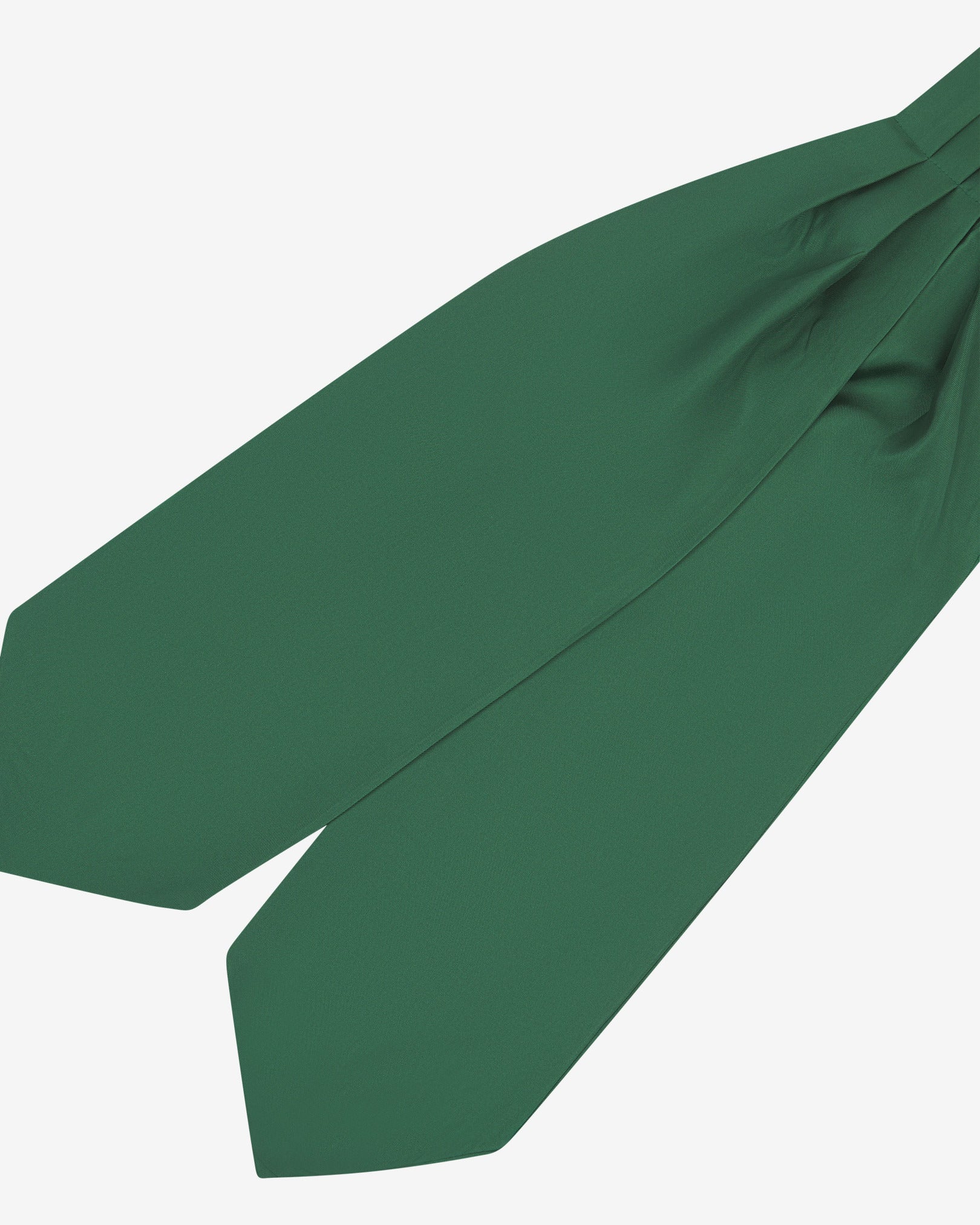 Angled view of the green silk double Ascot or cravat. Presented with wide ends pointing towards the bottom-left and slightly zoomed in to see the fine silk material.