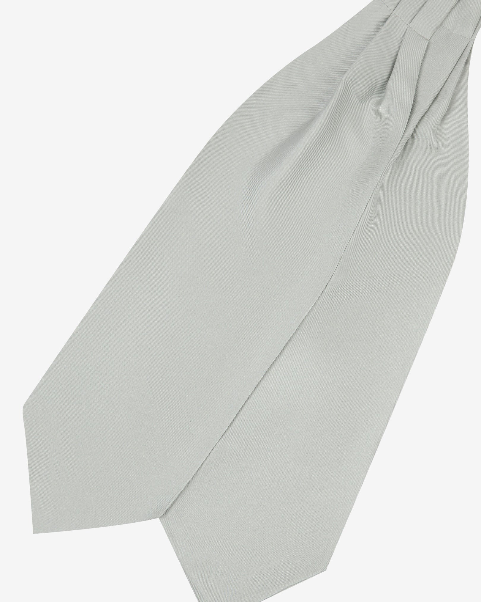 Angled view of the silver silk double Ascot or cravat. Presented with wide ends pointing towards the bottom-left and slightly zoomed in to see the fine silk material.