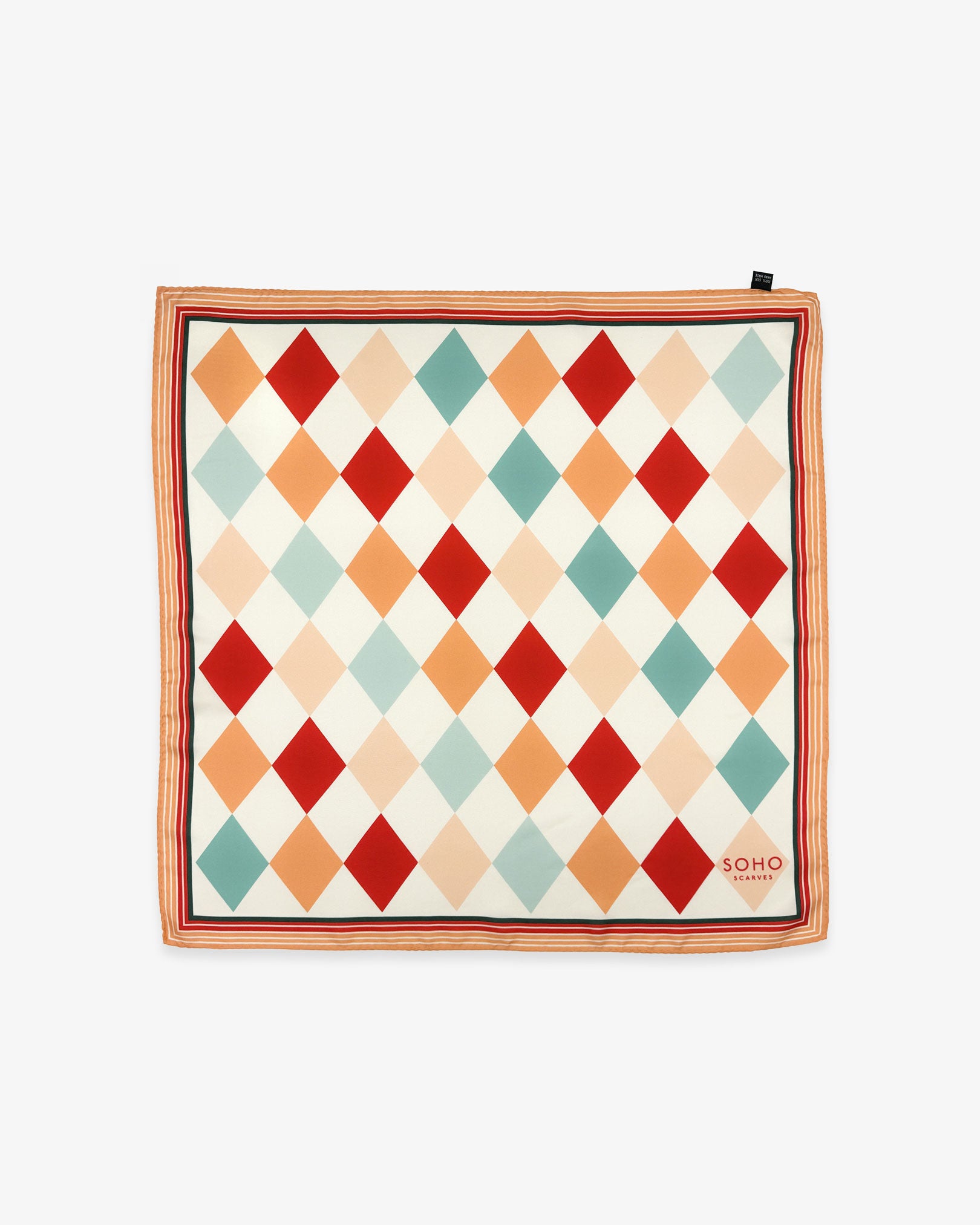 Fully unfolded 'Diamonds' silk neckerchief, showing the teal, red, orange and pink diamond repeat pattern with a concentric orange and red border.