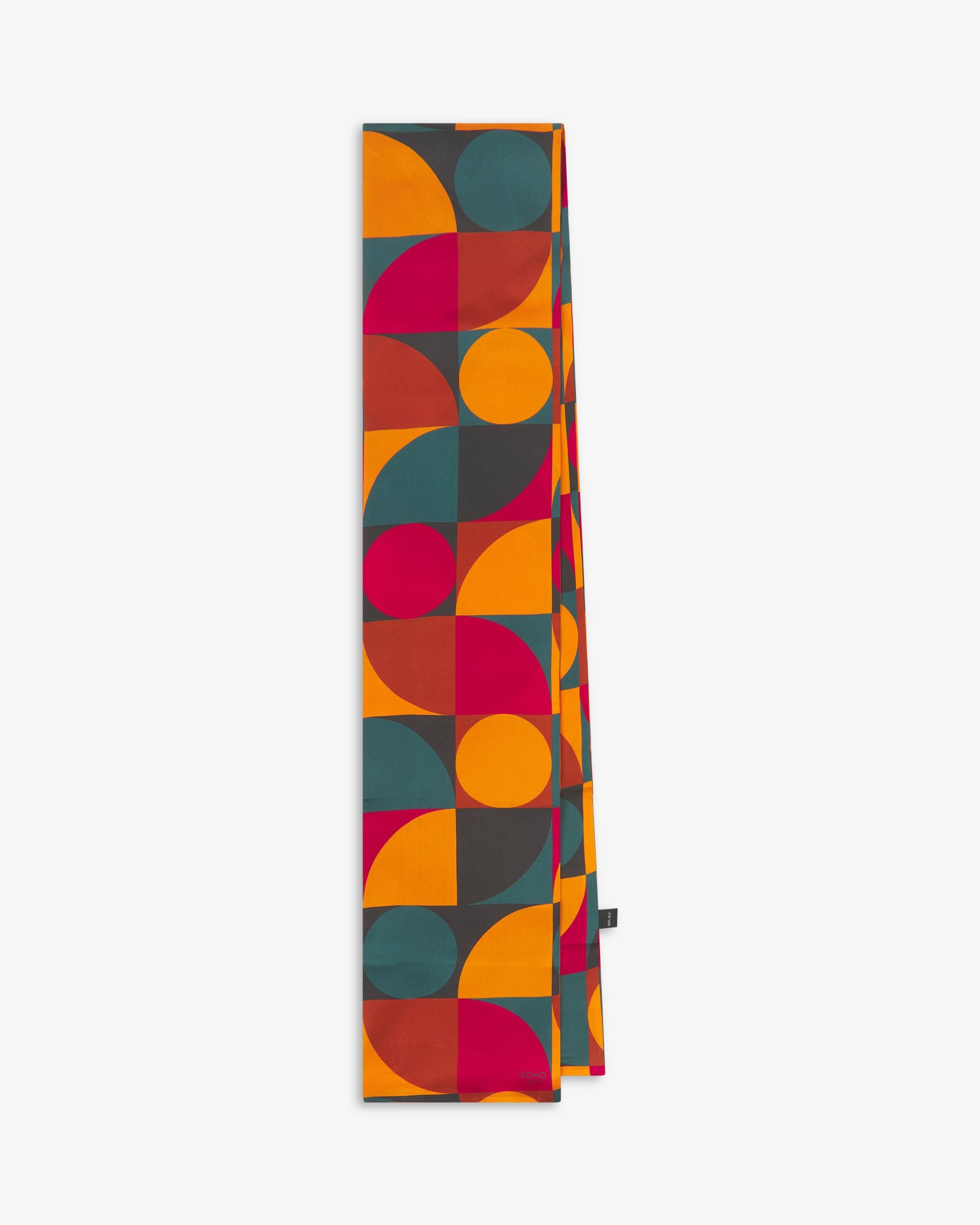 Unfolded 'Essen' silk scarf, showing the full pattern of multicoloured semicircle and rectangle patterns.