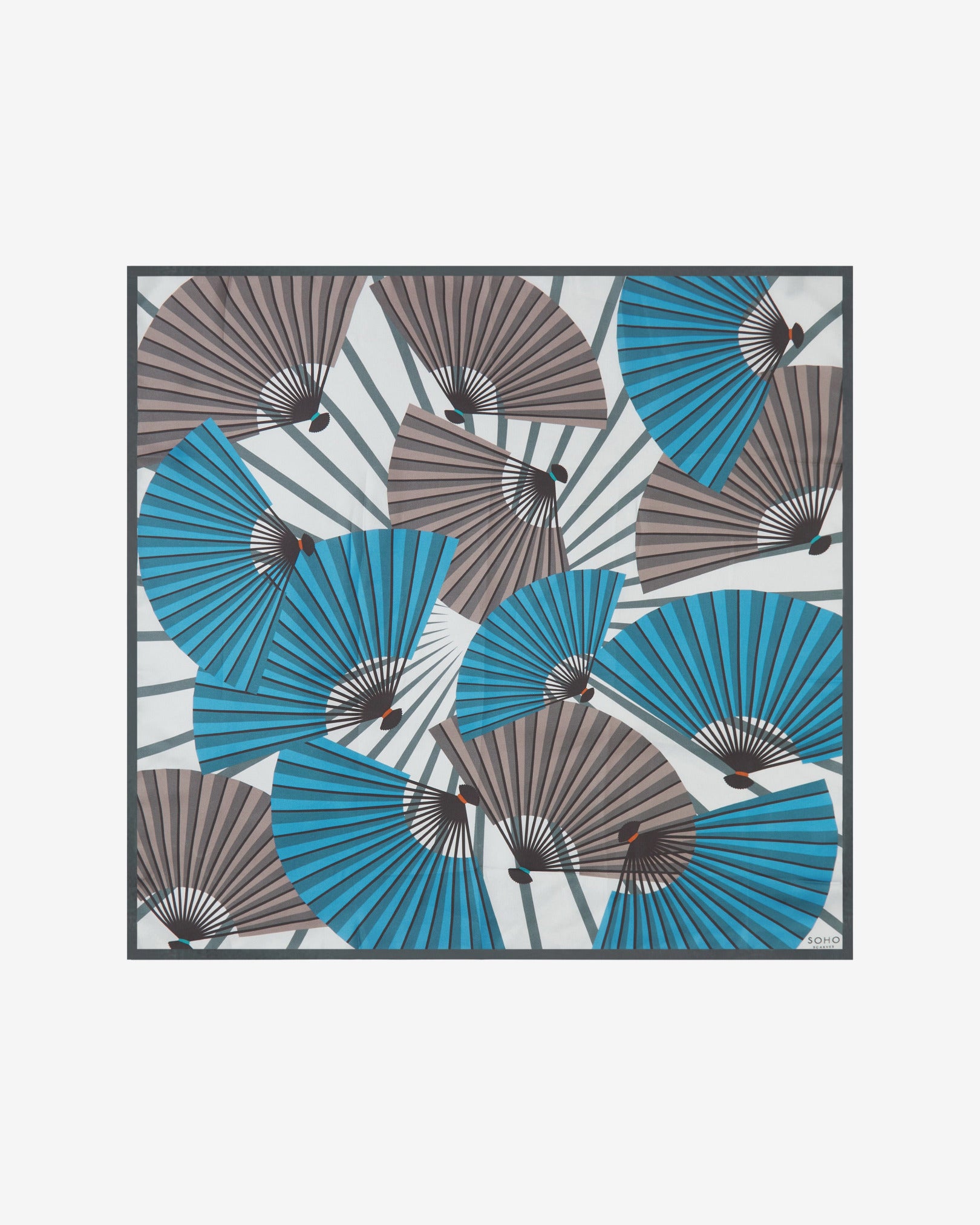 Unfolded 'Fan' silk neckerchief, showing the full Japanese Fan illustration in grey, blue and white with a matching grey border.
