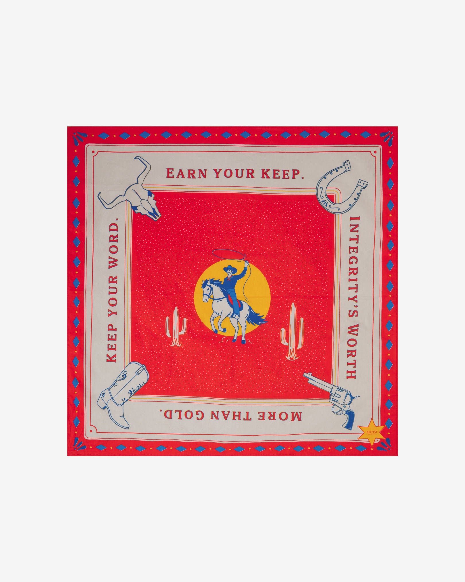 A flat fully unfolded view of the 'Integrity Bright' cotton bandana. Clearly showing the Wild West symbolism and motifs in primary colours.