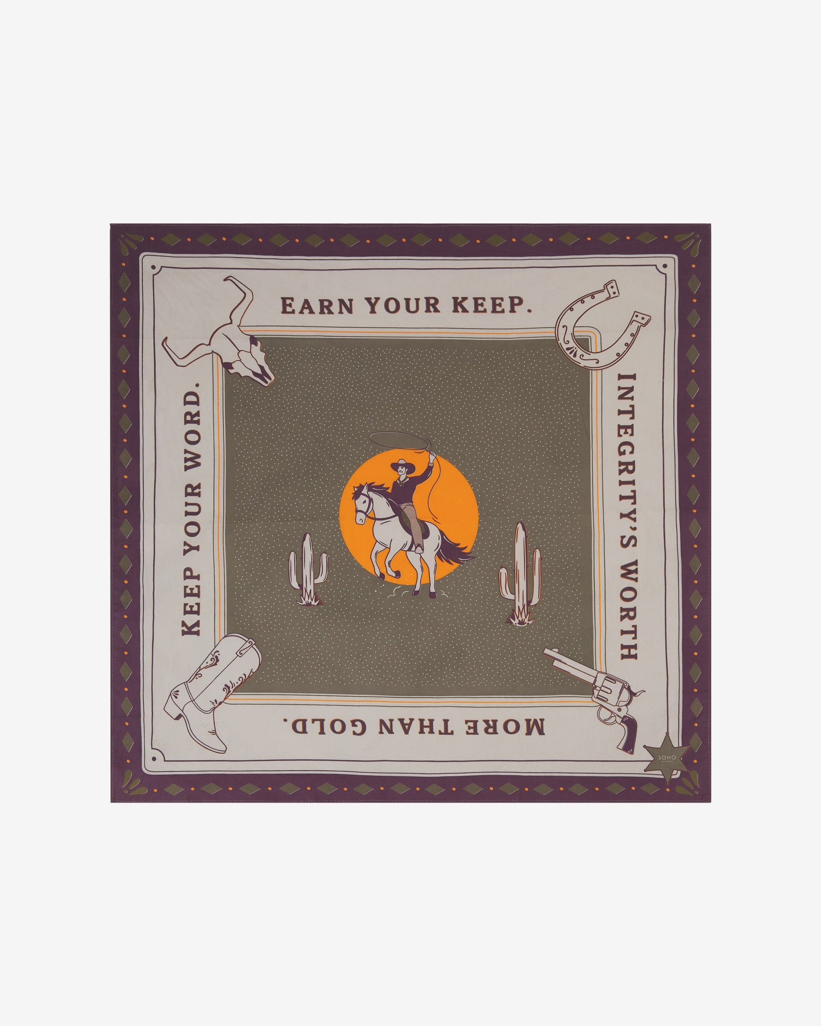 A flat fully unfolded view of the 'Integrity Khaki' cotton bandana. Clearly showing the Wild West symbolism and motifs.