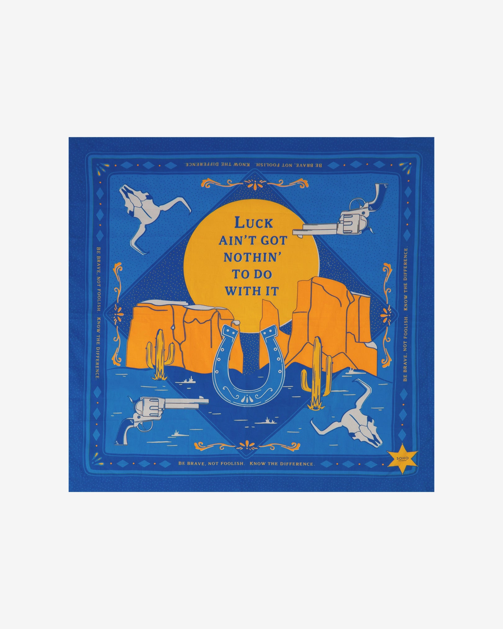 A flat fully unfolded view of the 'Luck Bright' cotton bandana. Clearly showing the Wild West symbolism and motif in golds and blues.