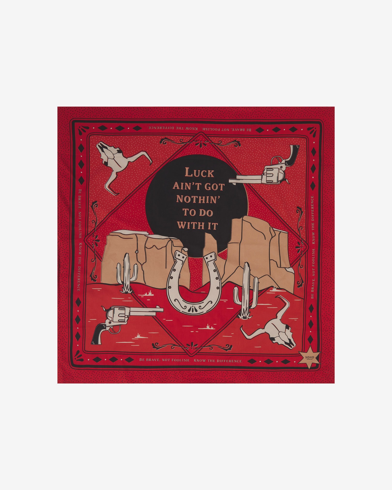 A flat fully unfolded view of the 'Luck Crimson' cotton bandana. Clearly showing the Wild West symbolism and motifs.