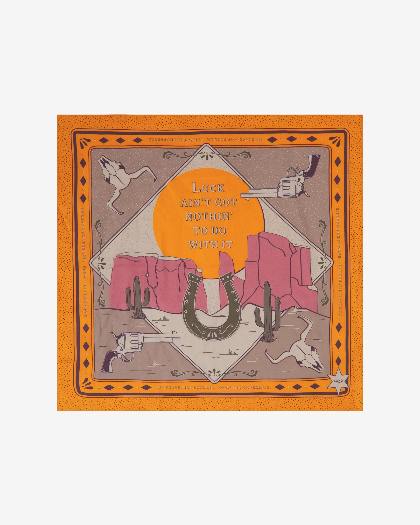 A flat fully unfolded view of the 'Luck Orange' cotton bandana. Clearly showing the Wild West symbolism and motifs.