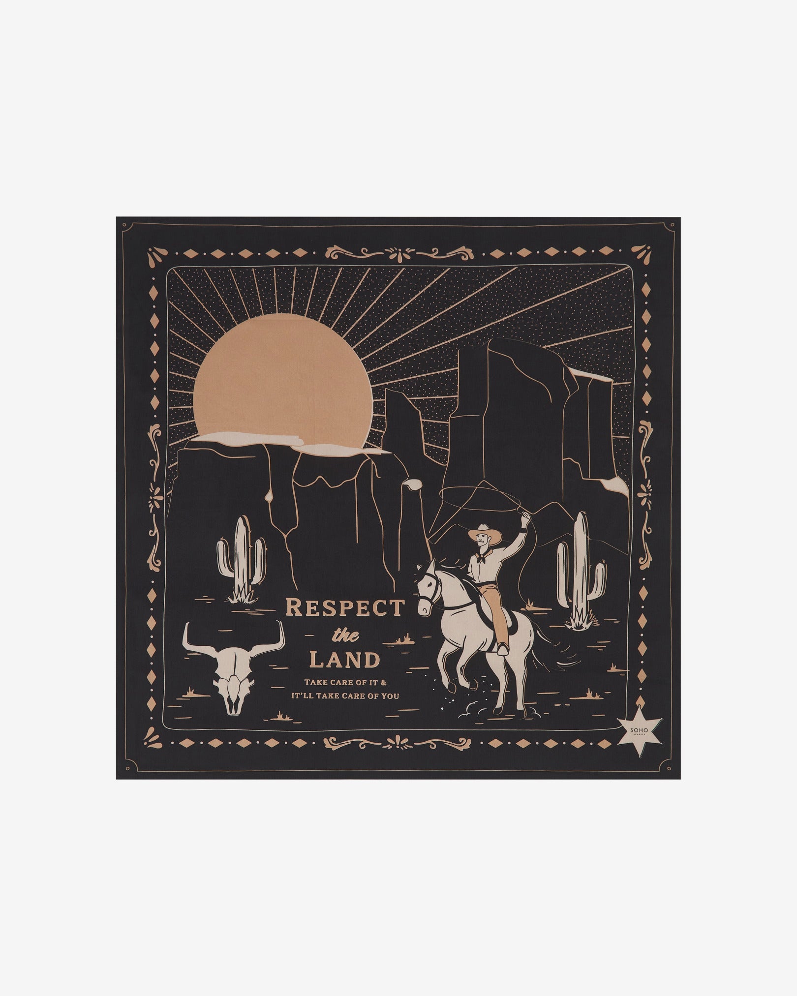 A flat fully unfolded view of the 'Respect Black' cotton bandana. Clearly showing the Wild West symbolism and motif.