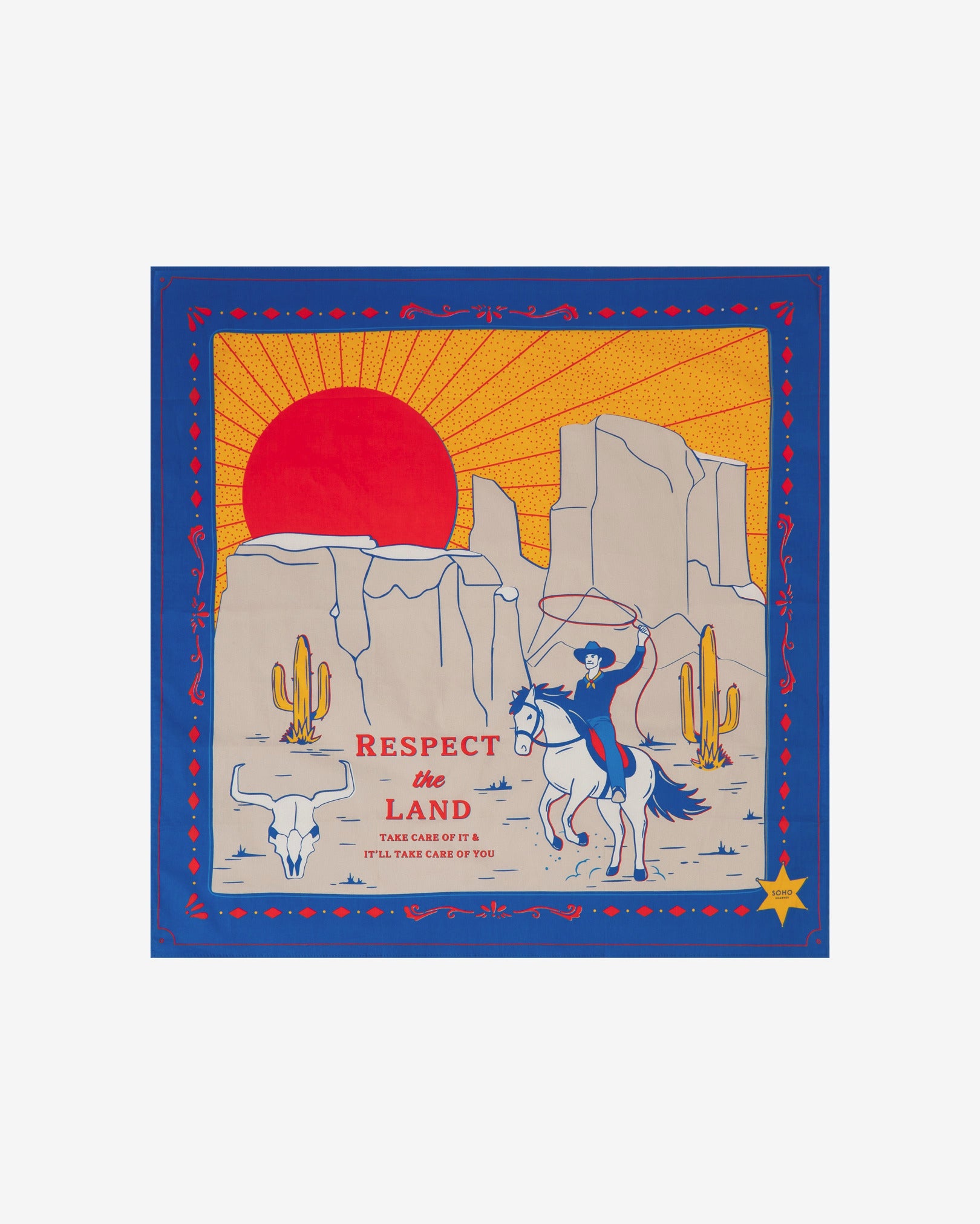 A flat fully unfolded view of the 'Respect Bright' cotton bandana. Clearly showing the Wild West symbolism and motif in primary colours.