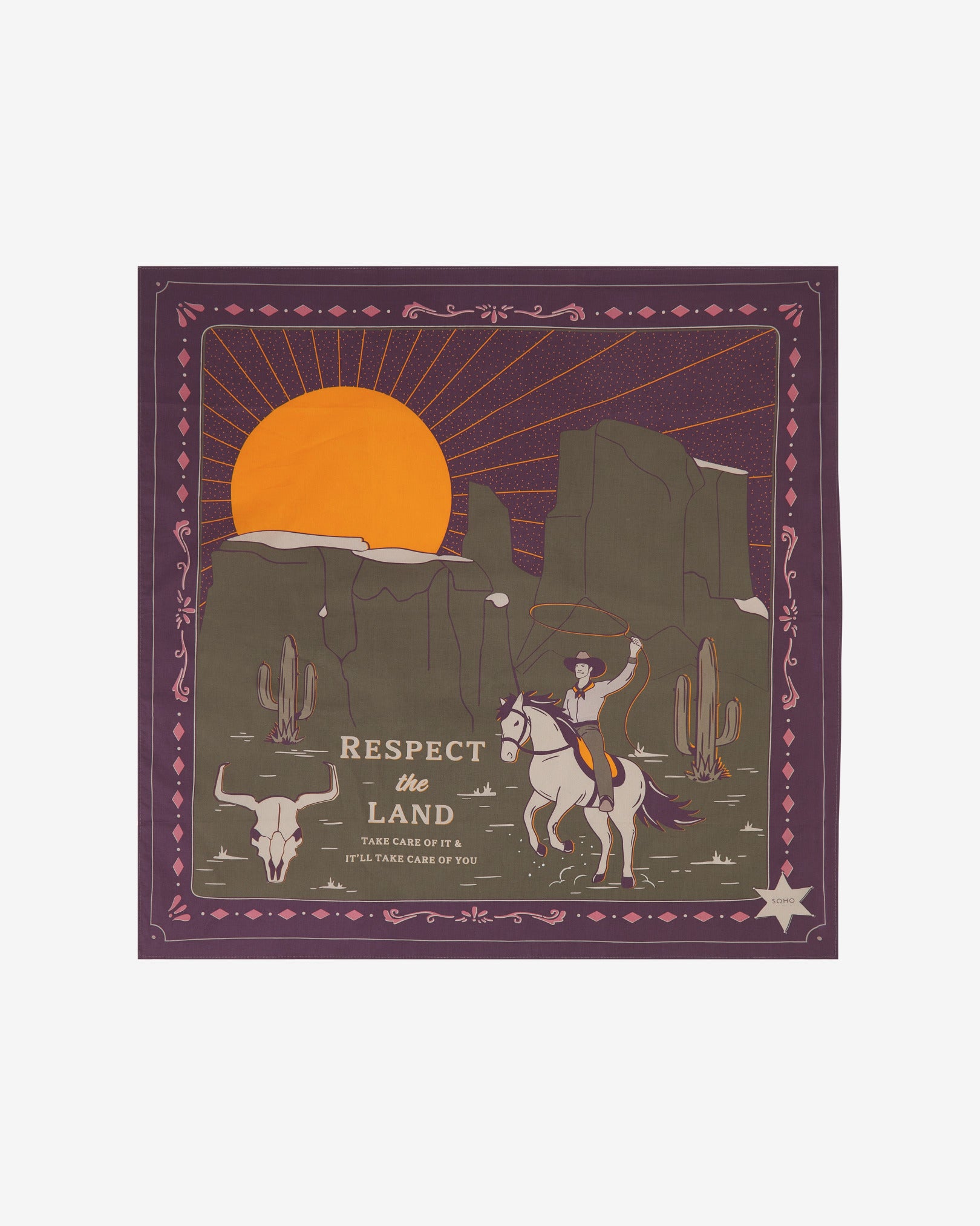 A flat fully unfolded view of the 'Respect Khaki' cotton bandana. Clearly showing the Wild West symbolism and motif.