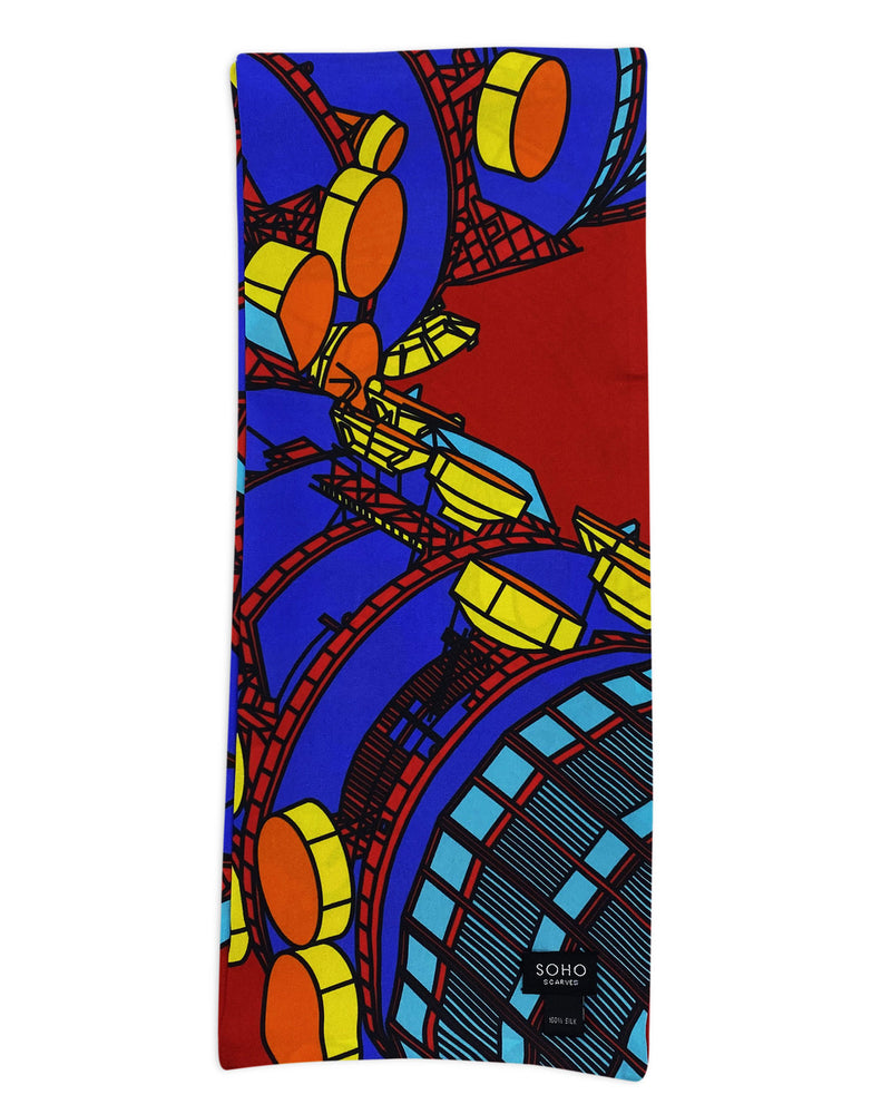Red version of the BT Tower multicoloured pattern scarf arranged in a rectangular shape clearly showing the majority of the tower motif.