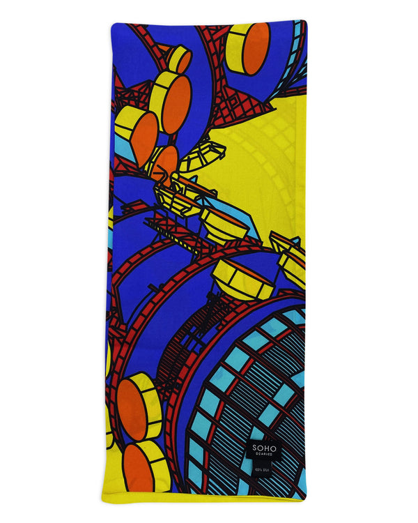 Yellow version of the BT Tower multicoloured pattern scarf arranged in a rectangular shape clearly showing the majority of the tower motif.