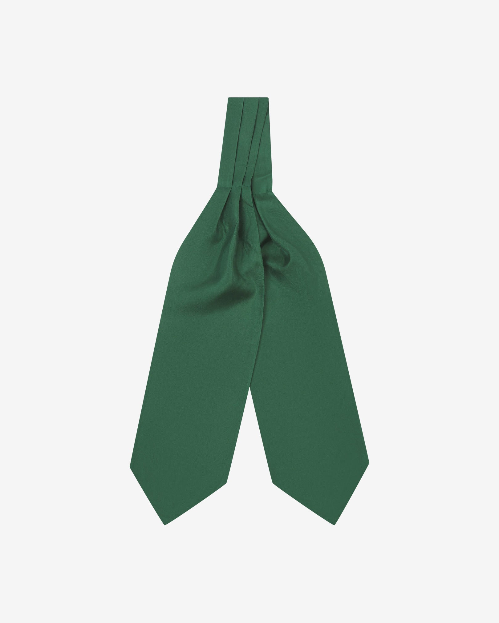 Full view of the silk, green double Ascot tie from Soho Scarves, with wide ends pointing towards the bottom.