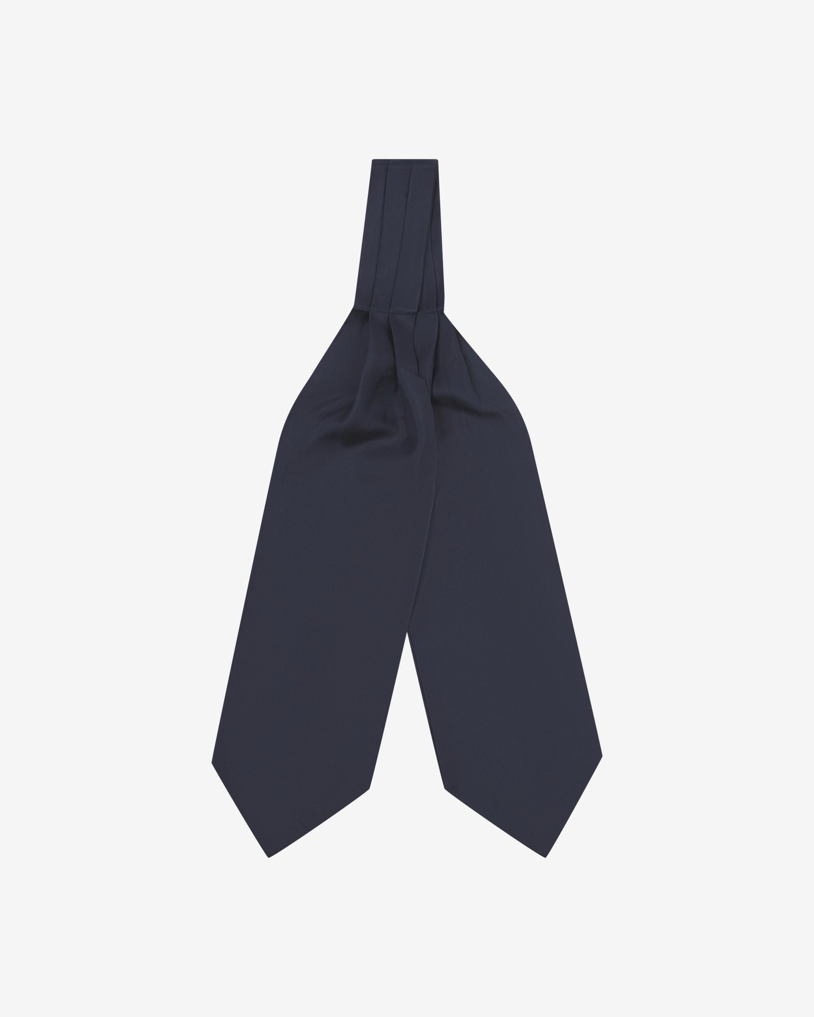 Full view of the silk, navy-blue double Ascot tie from Soho Scarves, with wide ends pointing towards the bottom.