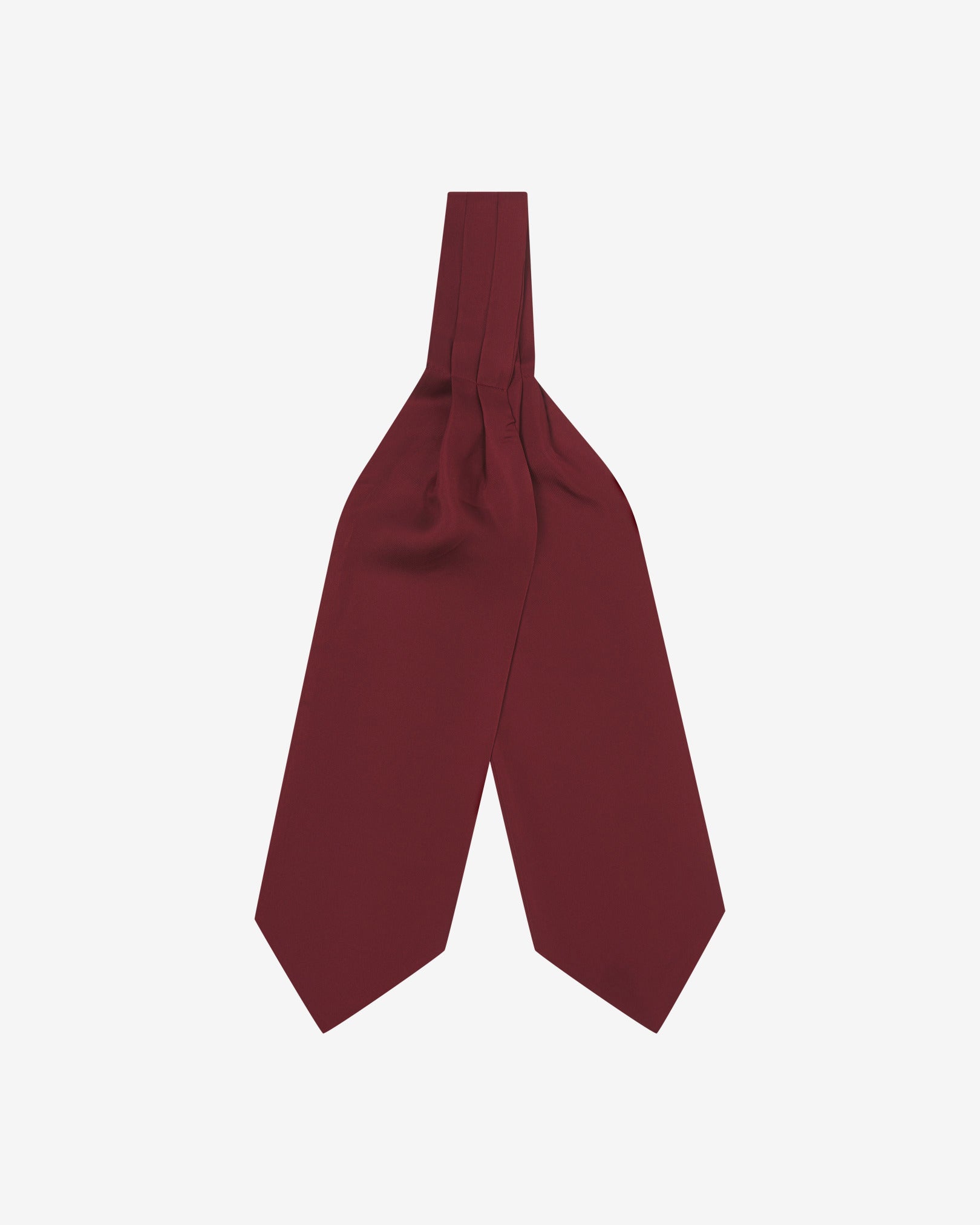 Full view of the silk, wine-red double Ascot tie from Soho Scarves, with wide ends pointing towards the bottom.