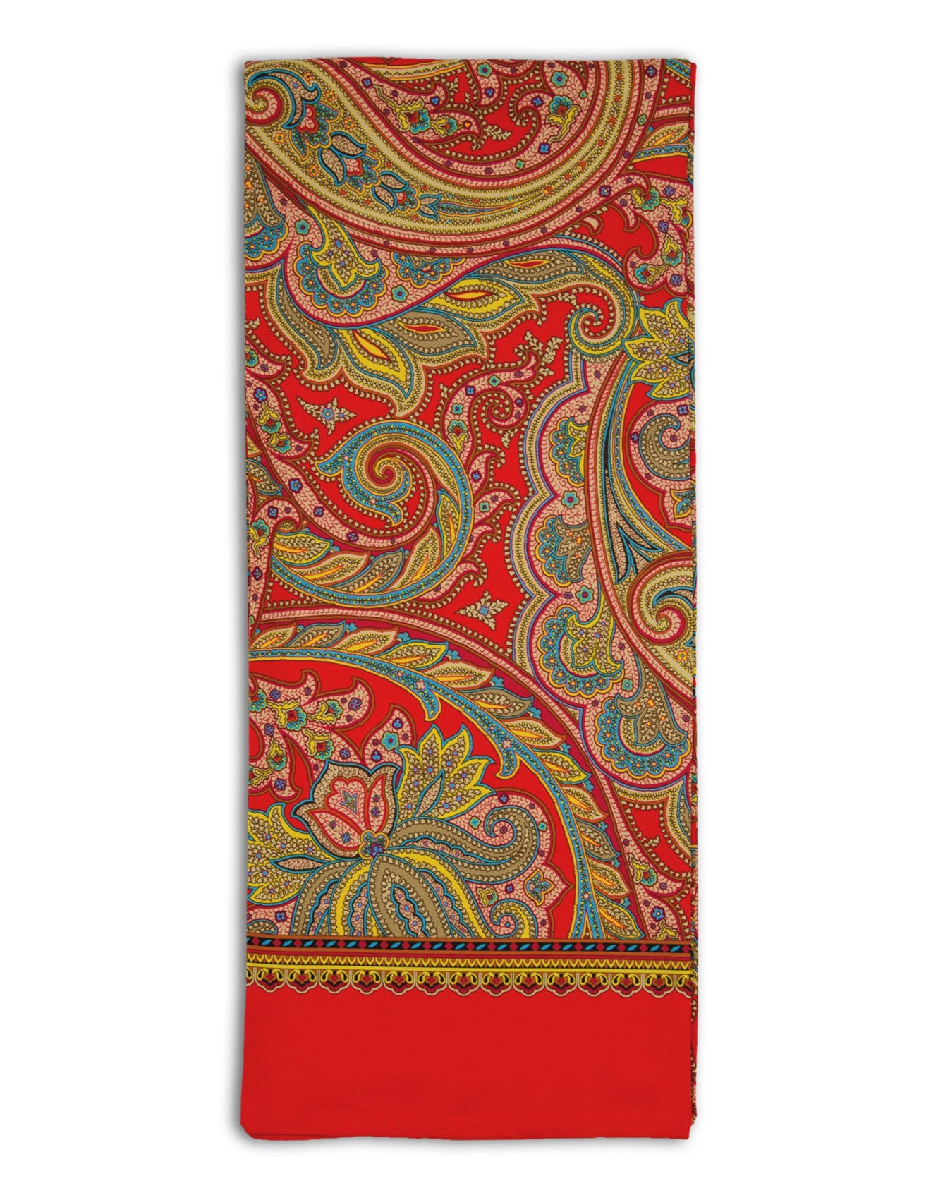 A flat view of 'The Victoria' multicoloured paisley polyester scarf on a rich, red background. Clearly showing the blue, gold and pink paisley patterns and the ornate, decorative border.