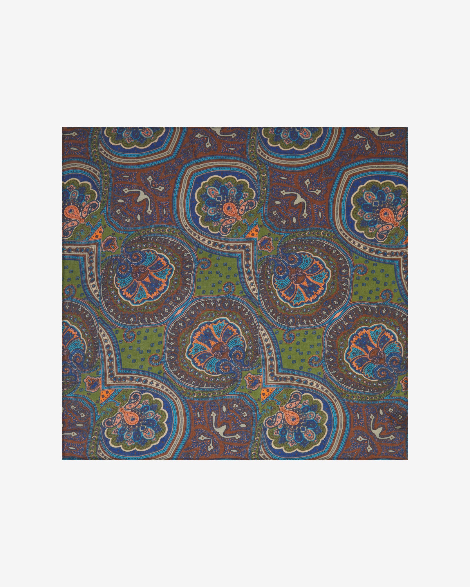 A flat view of 'The Montreal' bandana. Clearly showing the intricate green and brown paisley patterns with additional multicoloured highlights.