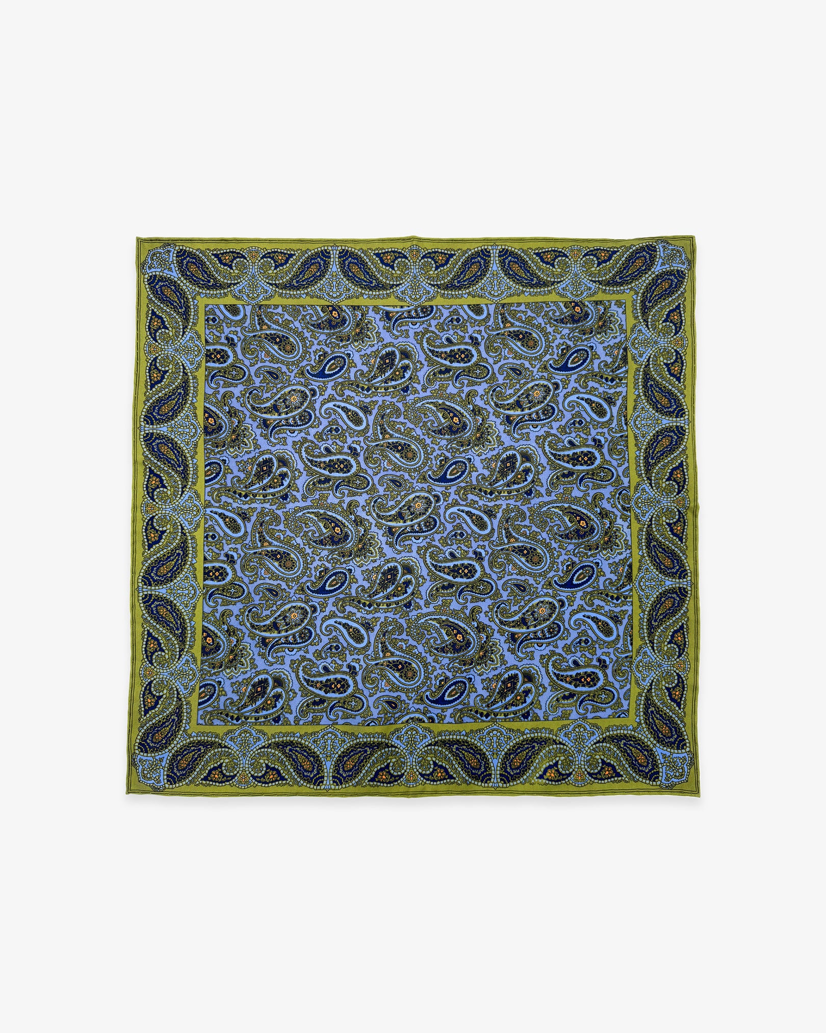 Fully unfolded 'Acton' English madder silk pocket square, showing the multicoloured swirls of paisley against a violet ground and attractive lime green paisley frame.